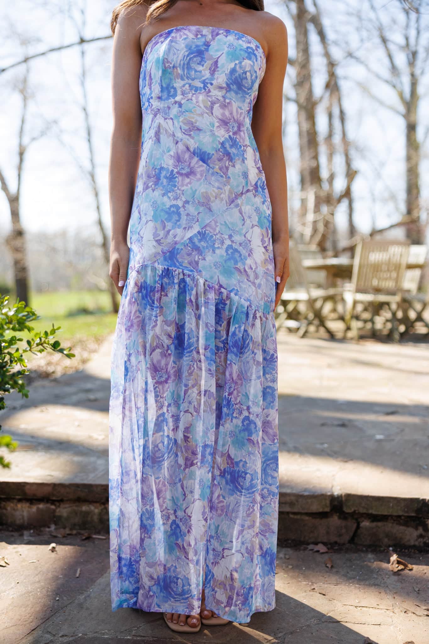 Trendy, Chic Women's Clothing Boutique Promesa Women's Blue Maxi Dress, Polyester, Strapless Floral Print for Female Lane 201