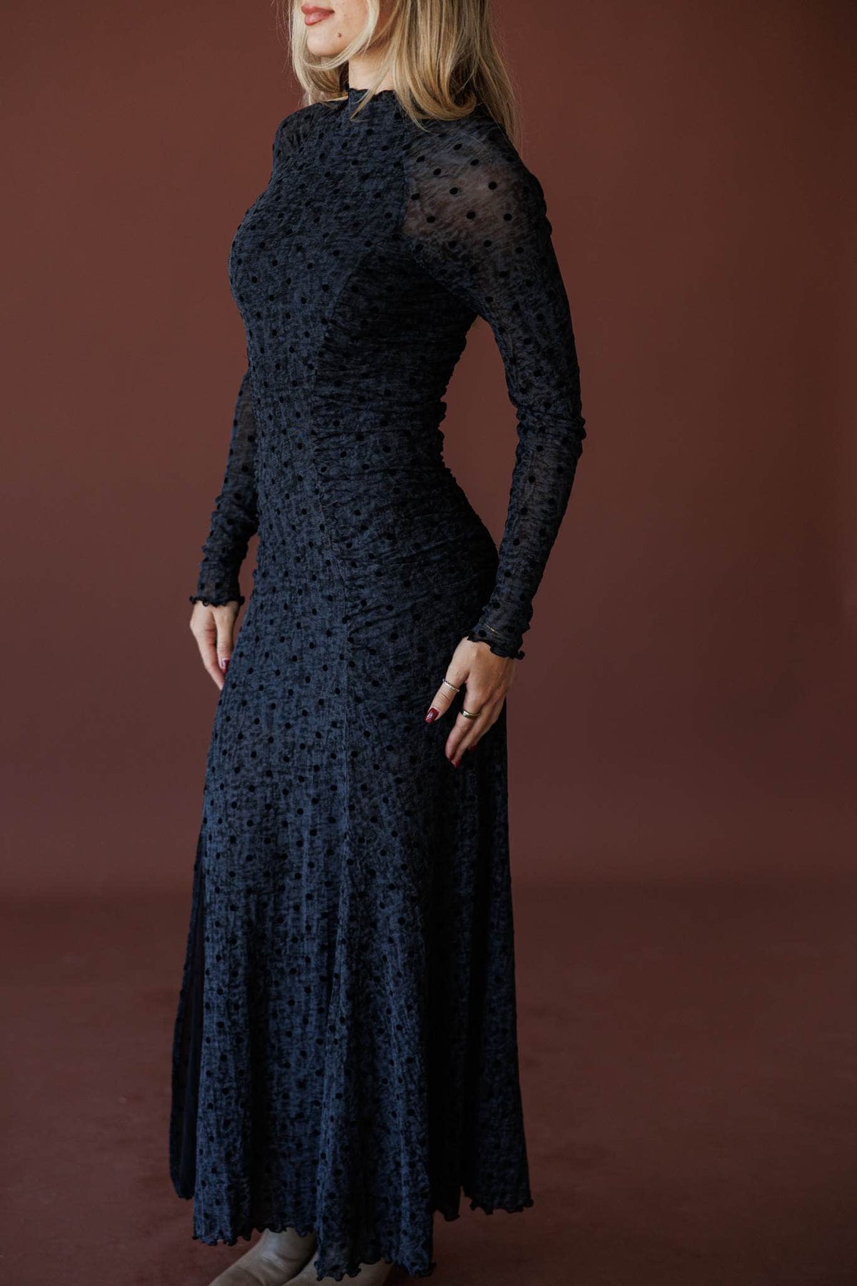 Dot The Night Mesh Maxi Dress, front view of the long sleeves