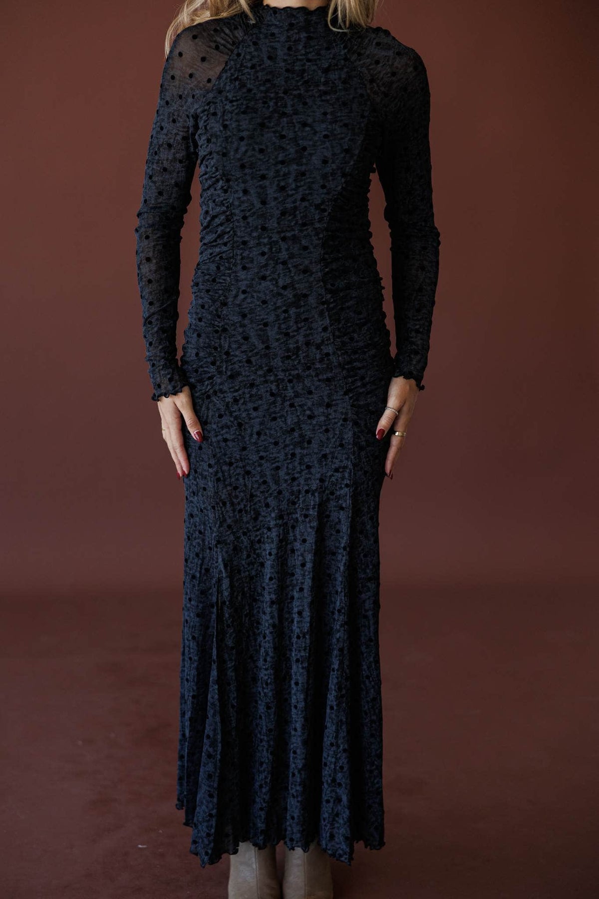 Dot The Night Mesh Maxi Dress, back view of the slim column