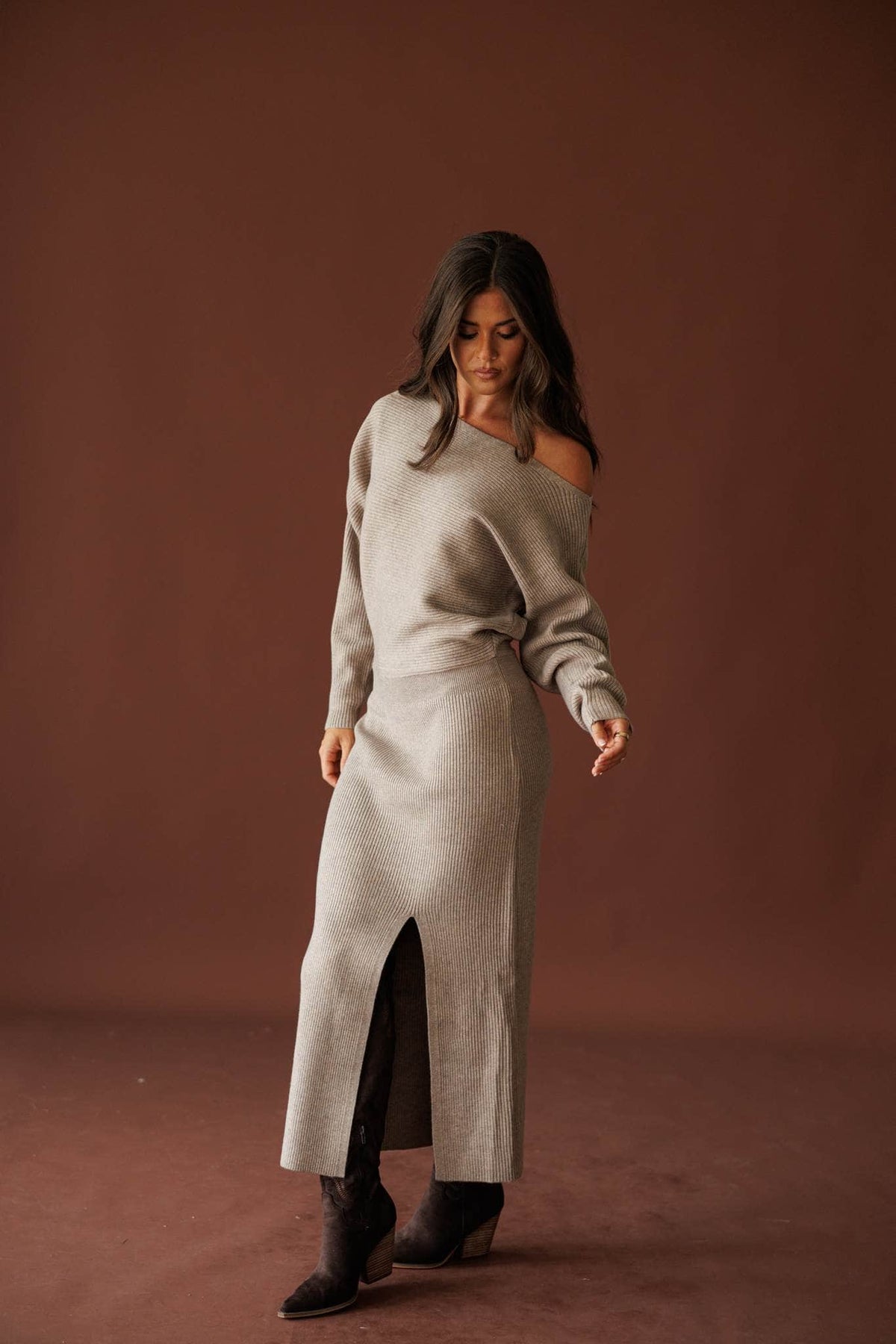Fireside Mode Sweater Dress in oatmeal, full-length view with black ankle boots