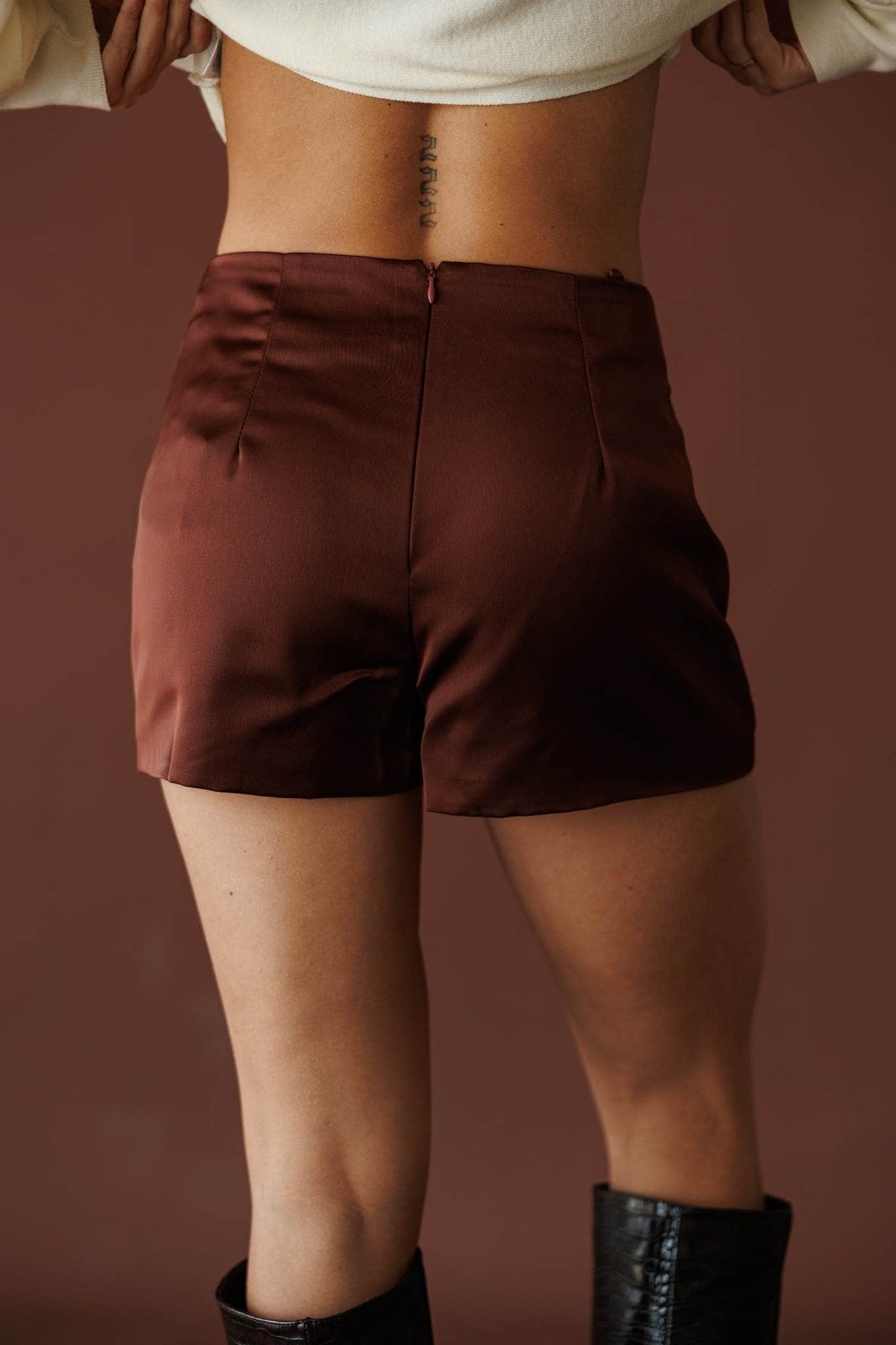 Button Up Satin Skort, in crimson brown, back view of the satin skort