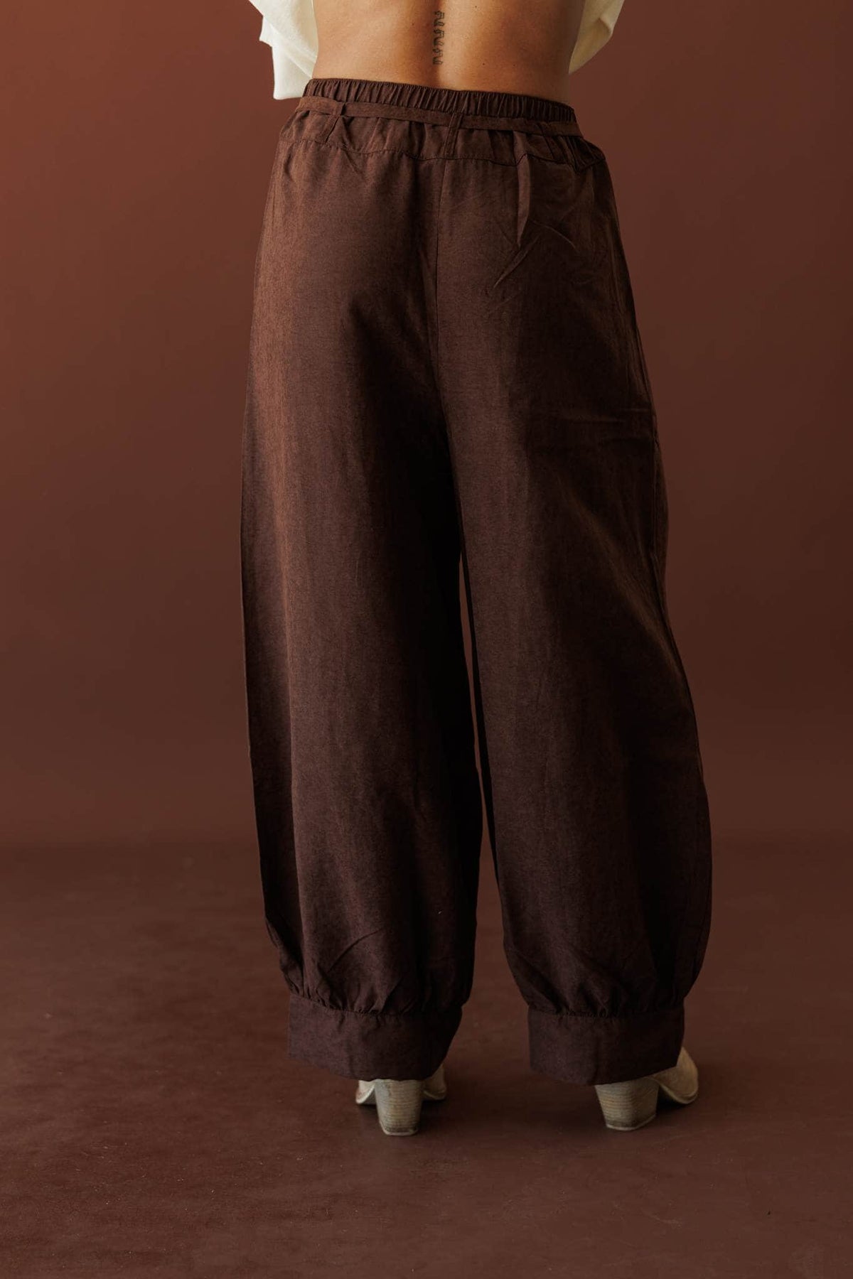 Cocoa Break Balloon Pants, back view of the drawstring waist