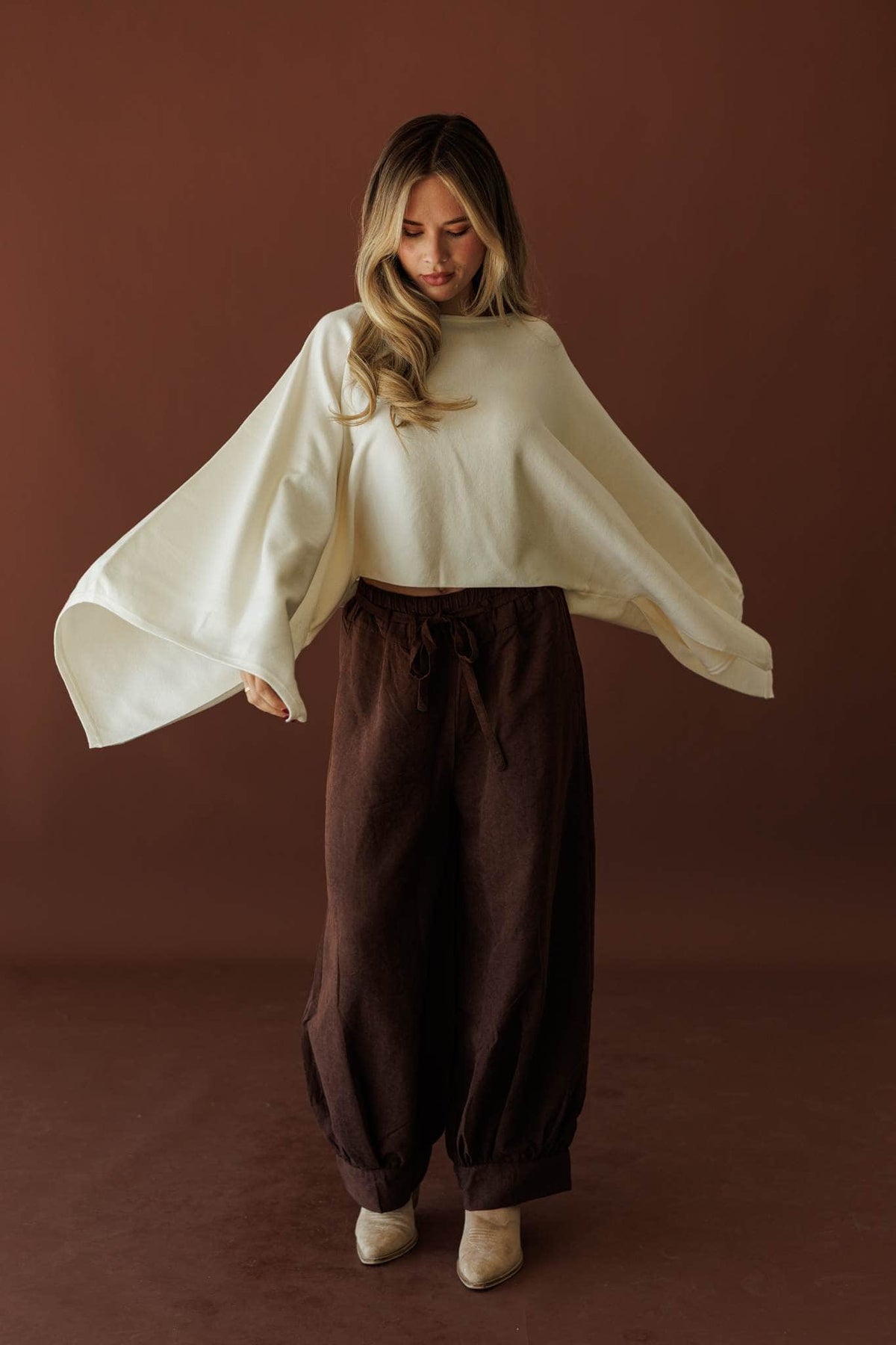 Cocoa Break Balloon Pants, full-length front view with a cream top