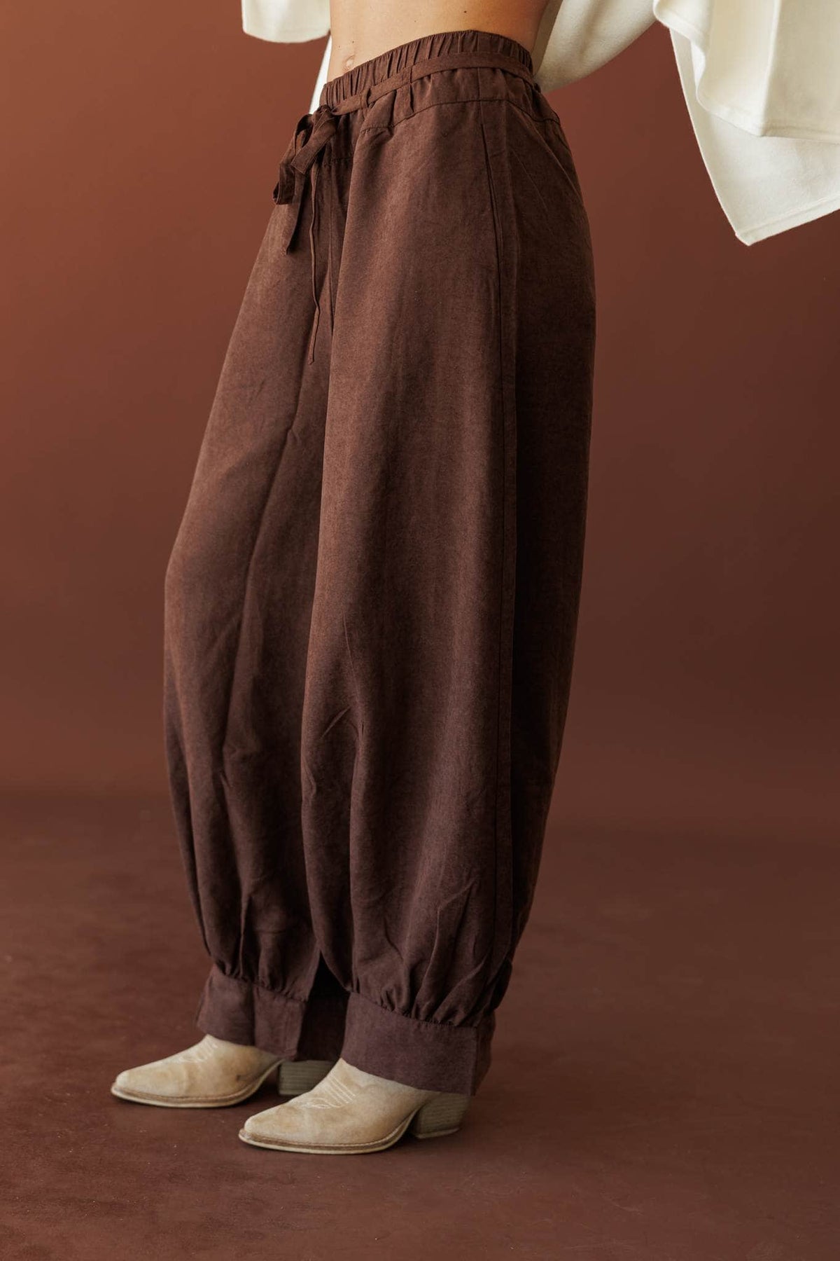 Cocoa Break Balloon Pants, side view of the gathered cuff