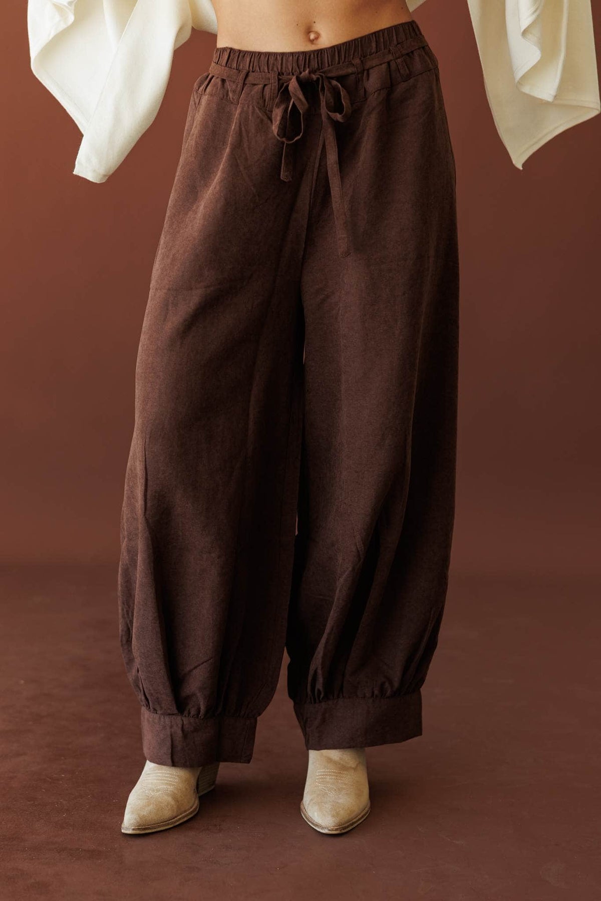 Cocoa Break Balloon Pants, front view of the balloon leg with booties
