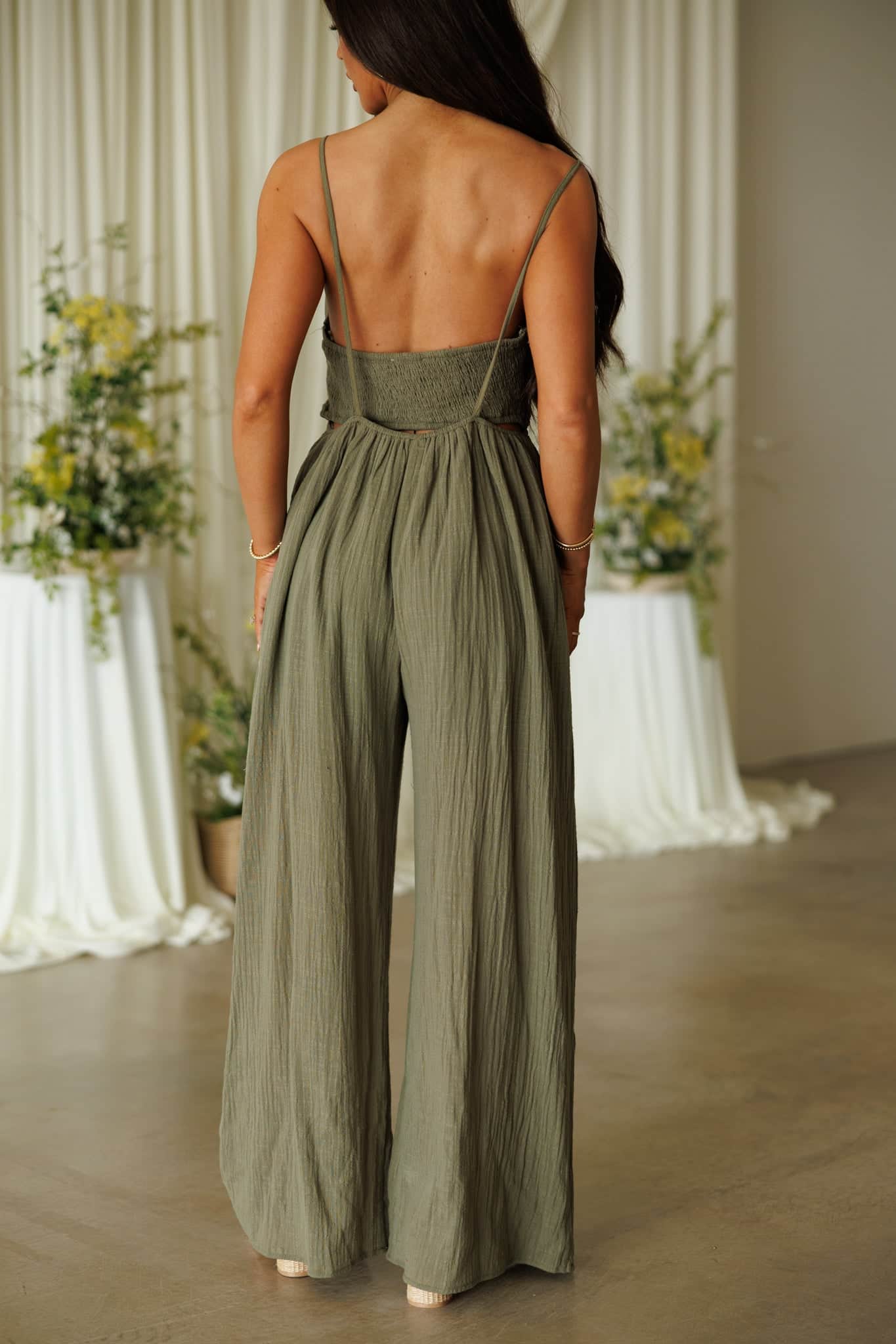Woven V-Neck Jumpsuit with Tie Back | Lane 201