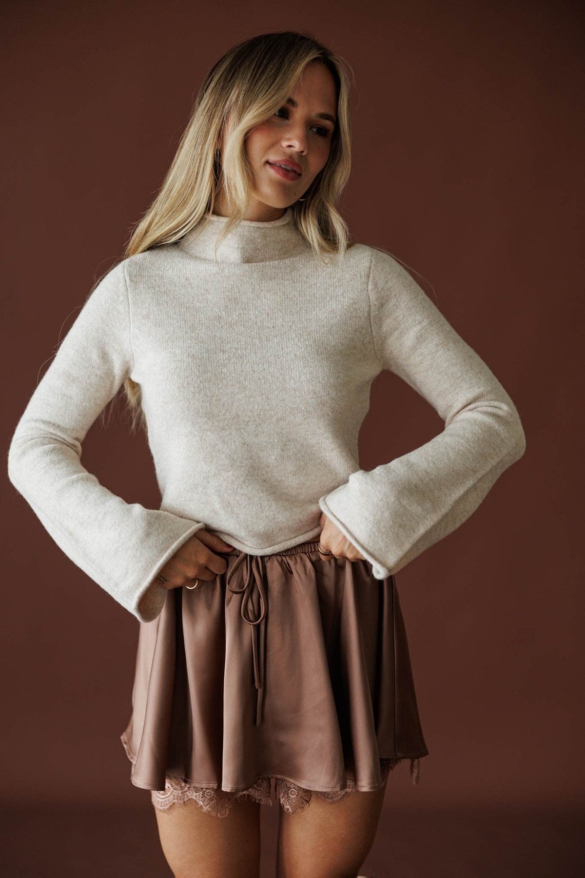 Satin And Lace Skort in bronze, full-length view of the flared satin skort