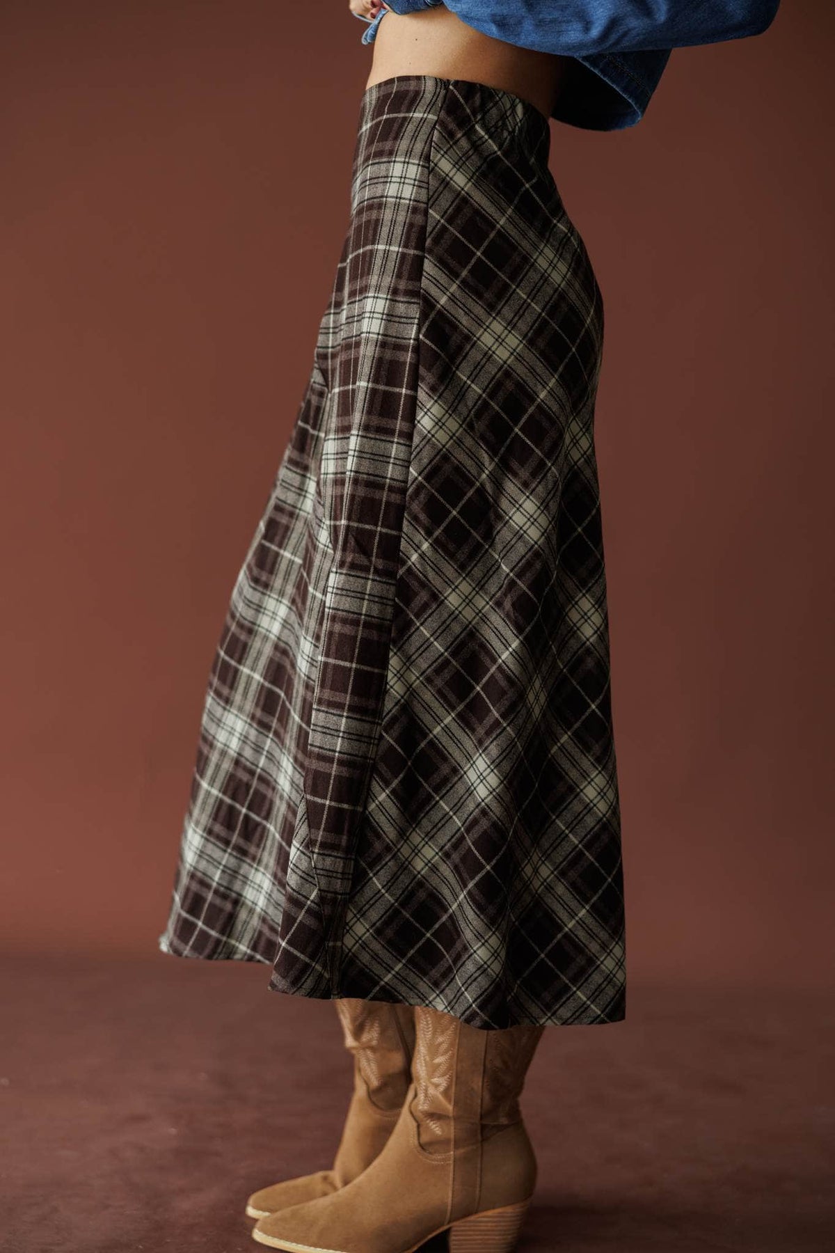 Espresso plaid asymmetric midi skirt