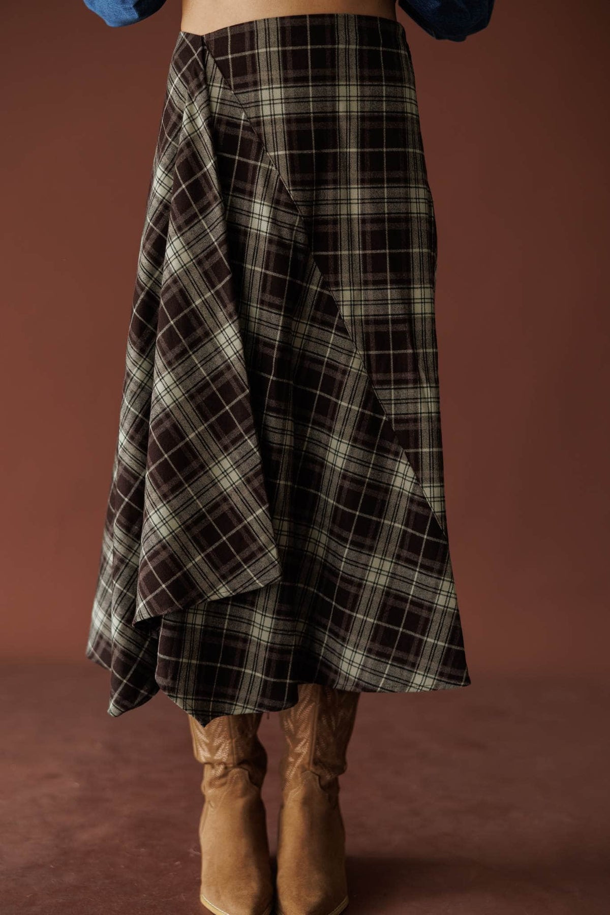 Espresso plaid asymmetric midi skirt, front view