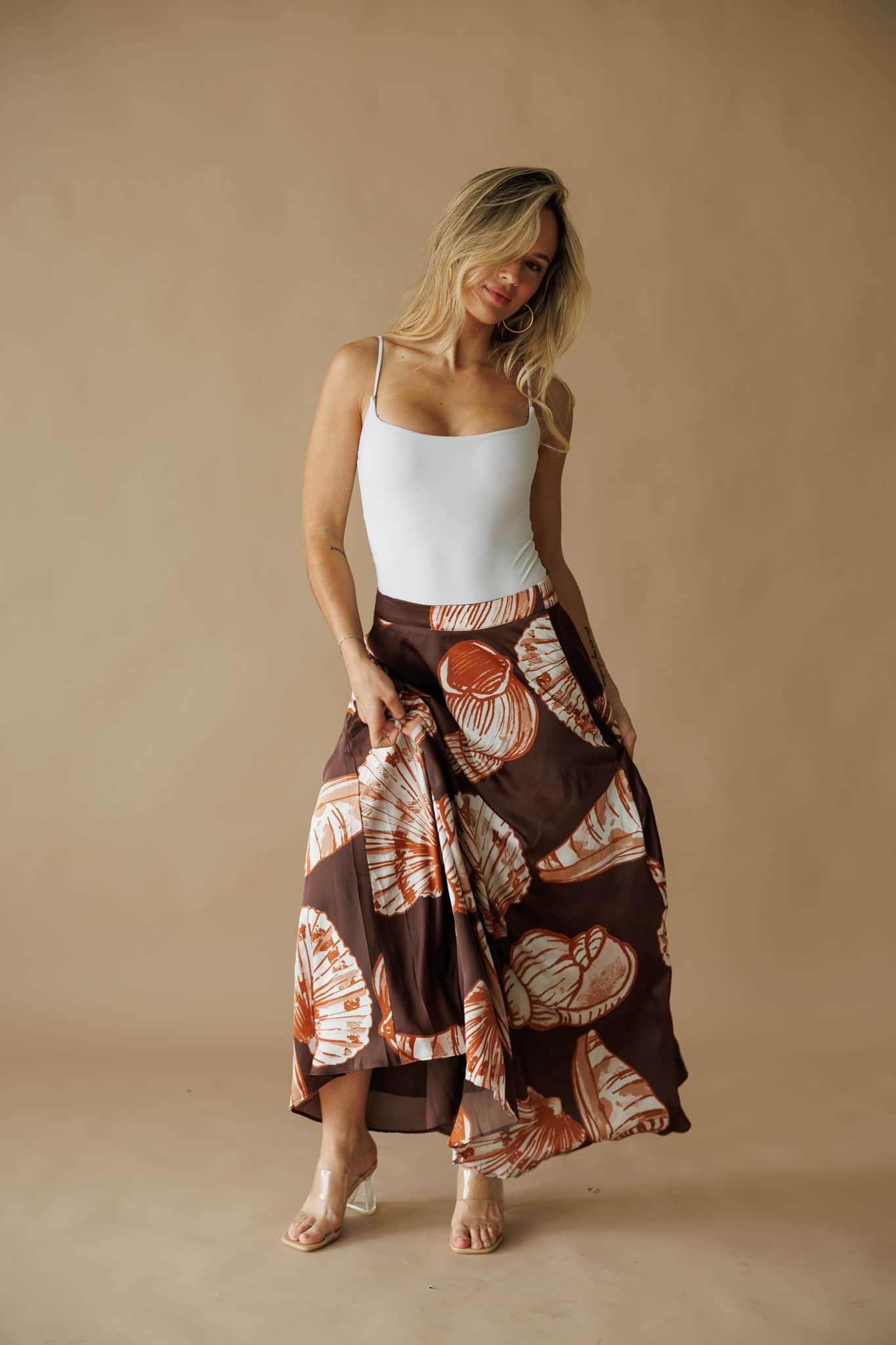Seashell Print Satin Maxi Skirt