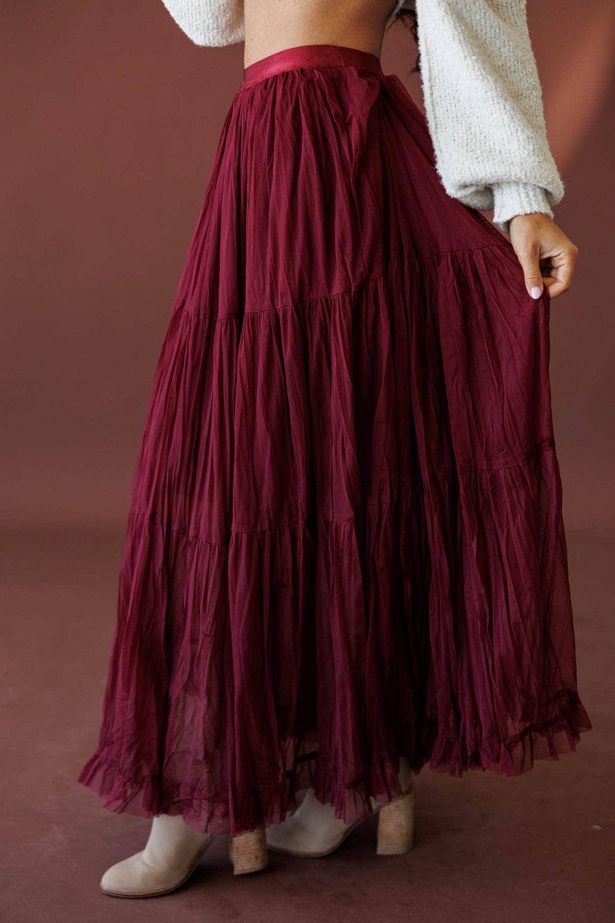 Mulberry Mood Tiered Maxi Skirt, front view of the tiered mesh with a cream sweater