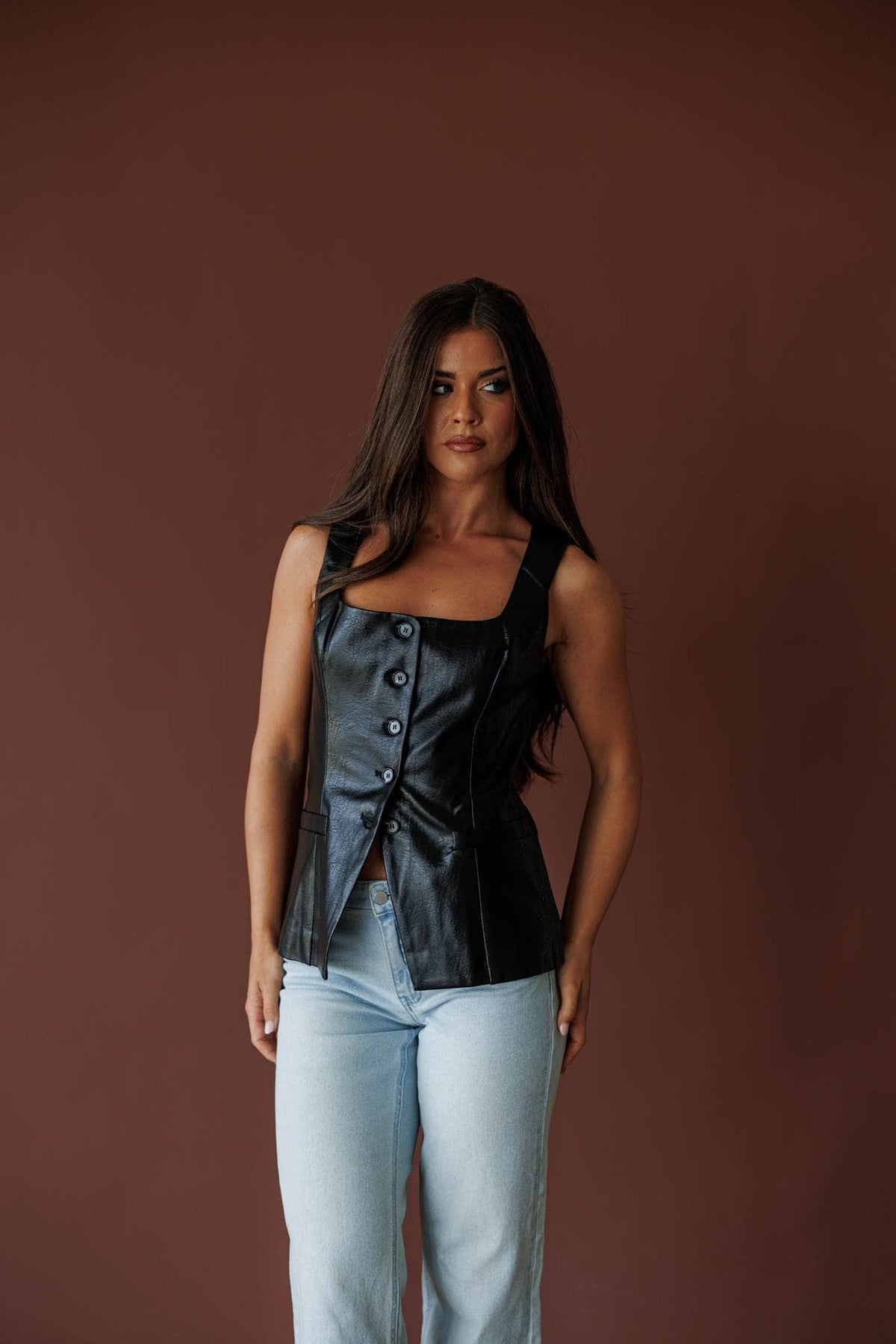 Moto Square Neck Top, in black, front view of the square neck button top