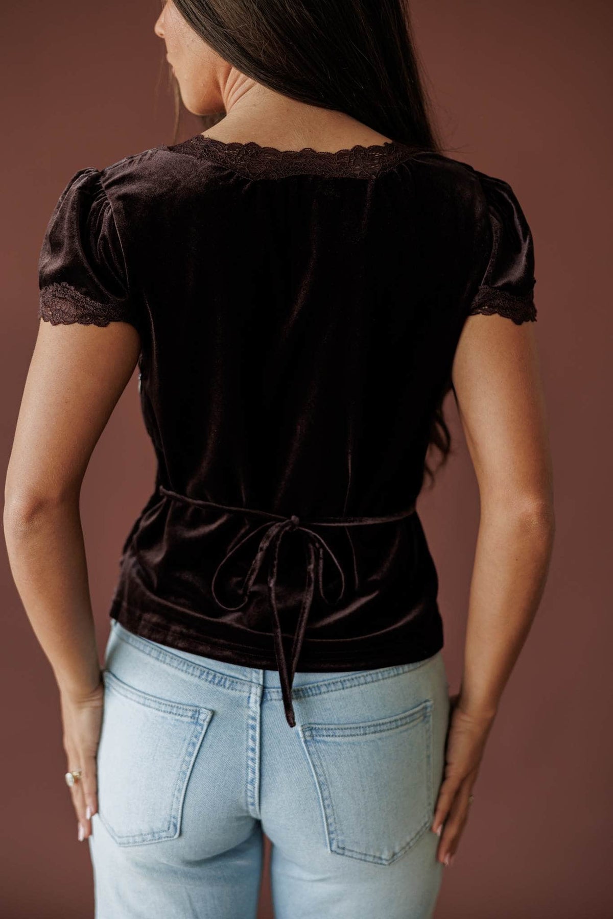 Dark Rum Velvet Lace Top, in dark rum, back view of the velvet top
