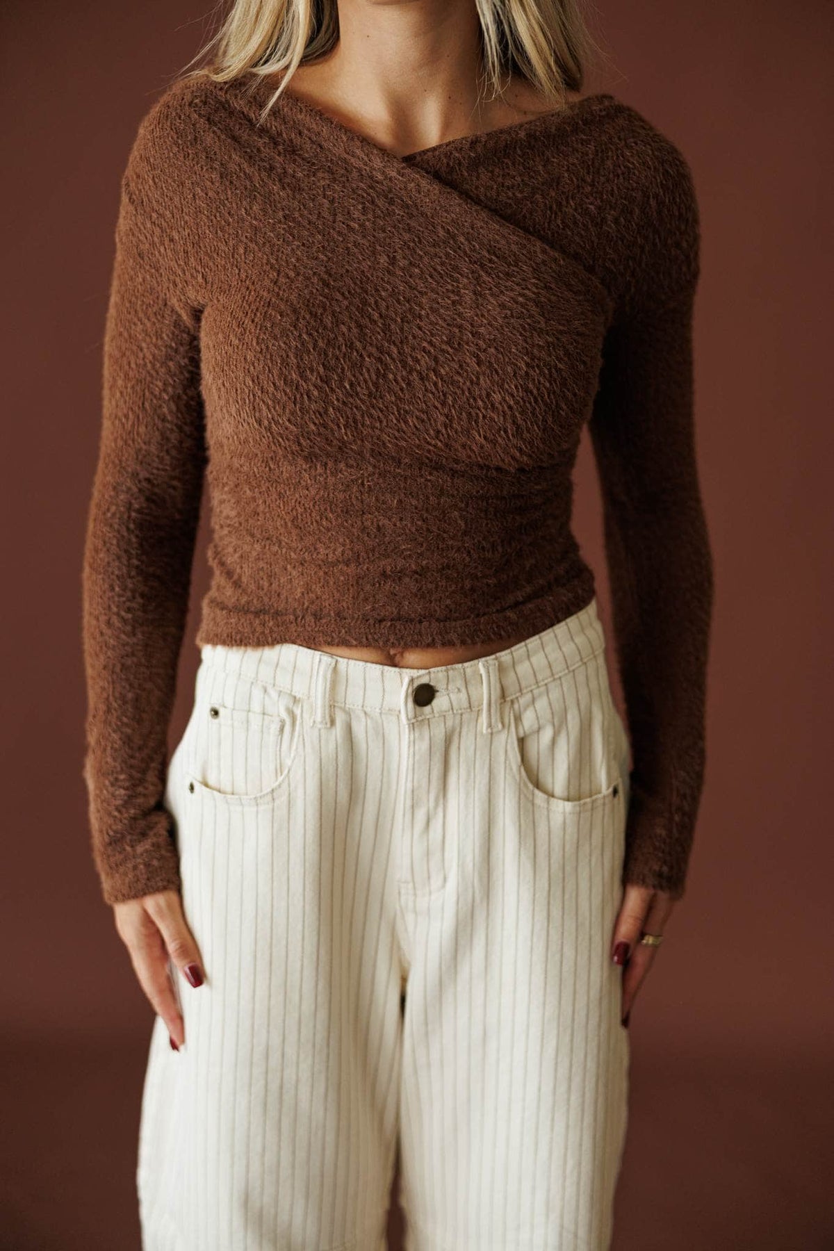 Feels Like Fall Sweater in chocolate, front view of the fuzzy brushed knit and wrap front