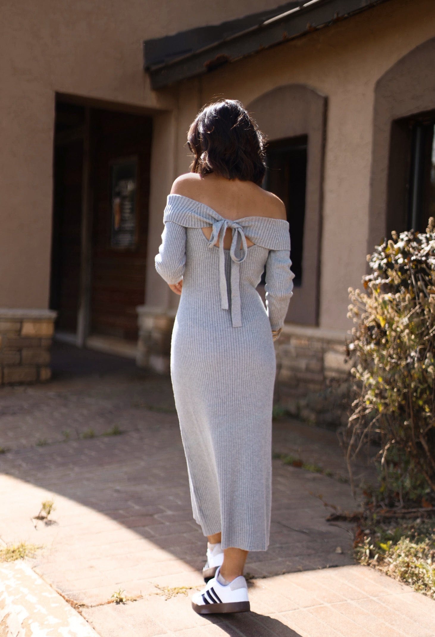 Grey Ribbed Sweater Midi Dress