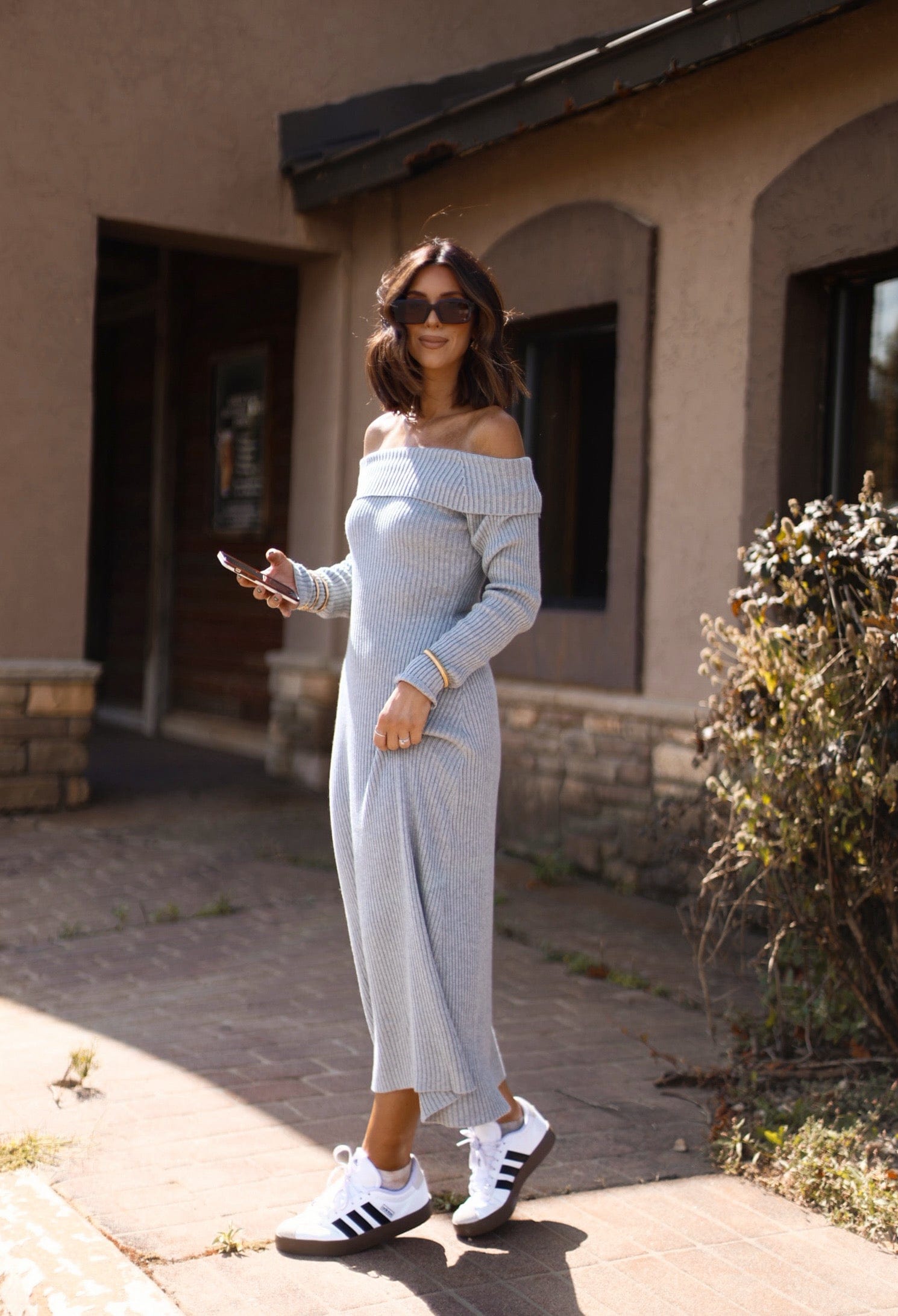 Grey Ribbed Sweater Midi Dress