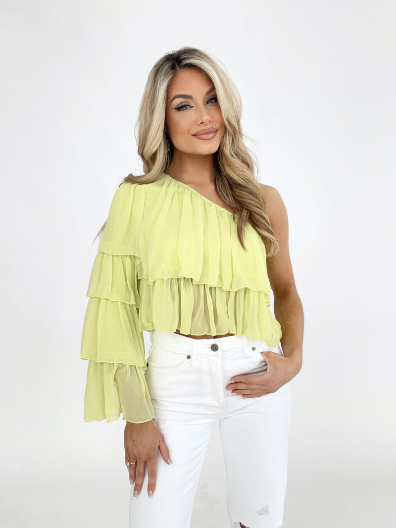 H13694T tiered sleeve one shoulder top Idem Ditto