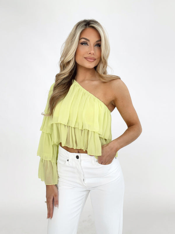 H13694T tiered sleeve one shoulder top Idem Ditto