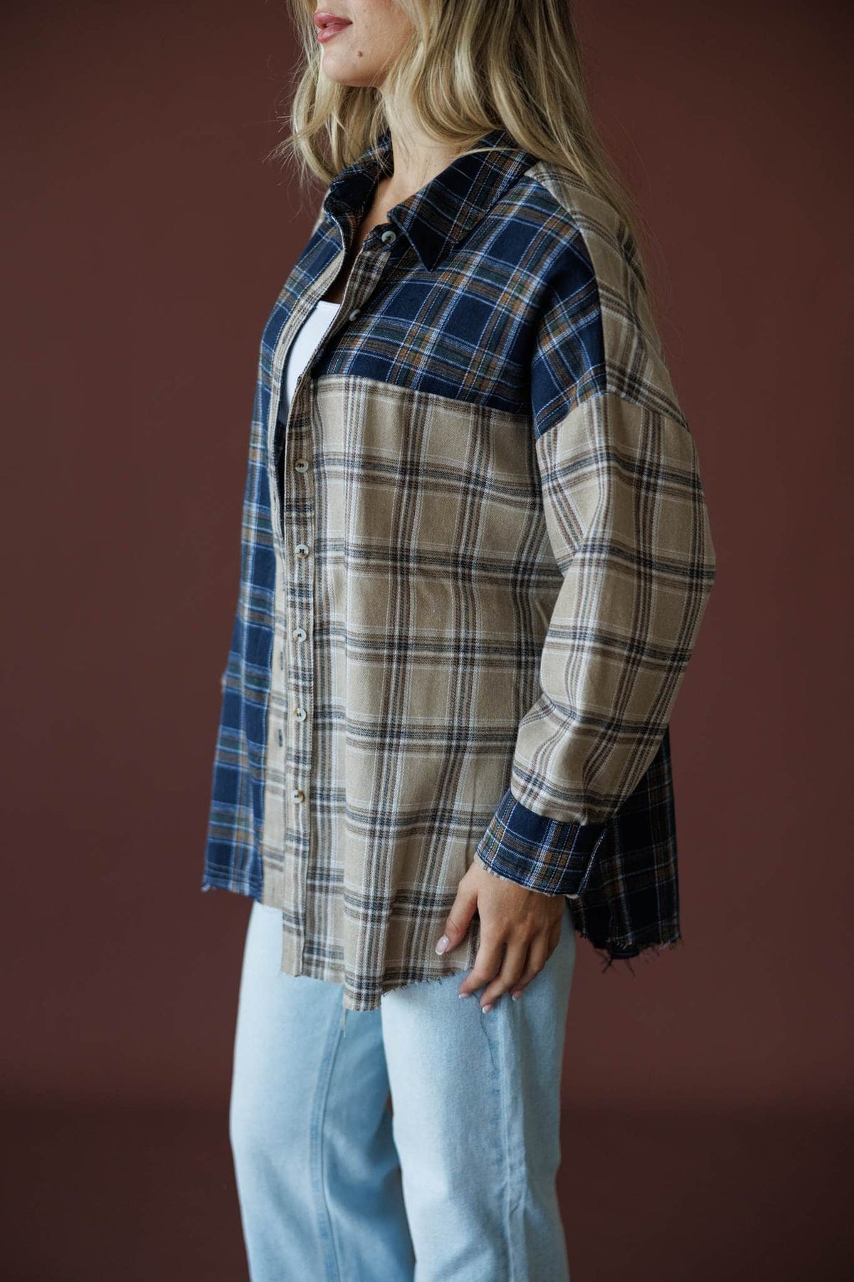 Harvest Club Plaid Top in sand and midnight, side view showing the oversized plaid shirt