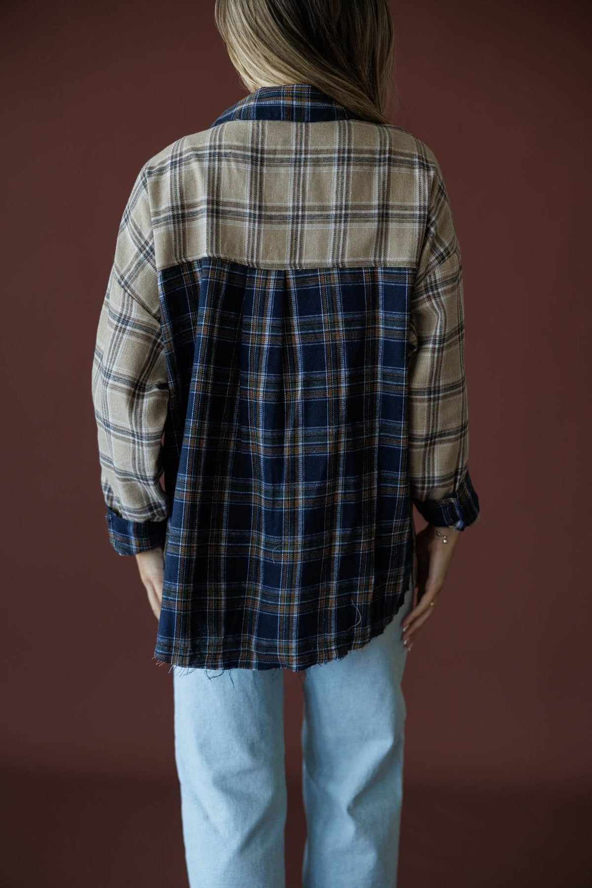 Harvest Club Plaid Top in sand and midnight, back view showing the mixed plaid panels