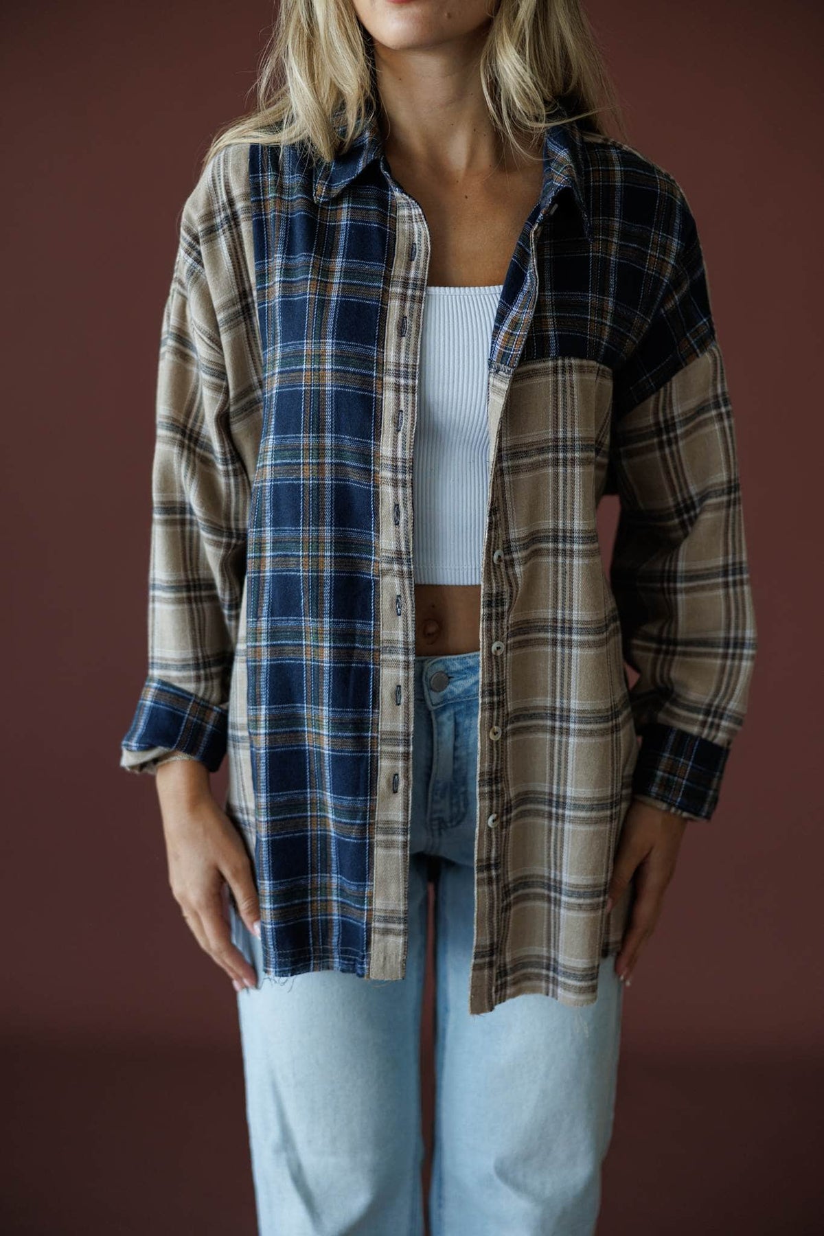 Harvest Club Plaid Top in sand and midnight, front close-up of the contrast plaid panels
