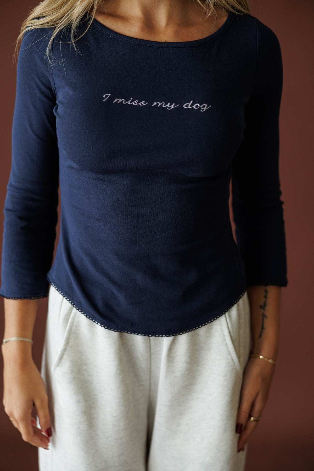 I Miss My Dog Long Sleeve Tee in navy, front close-up of the script reading I miss my dog