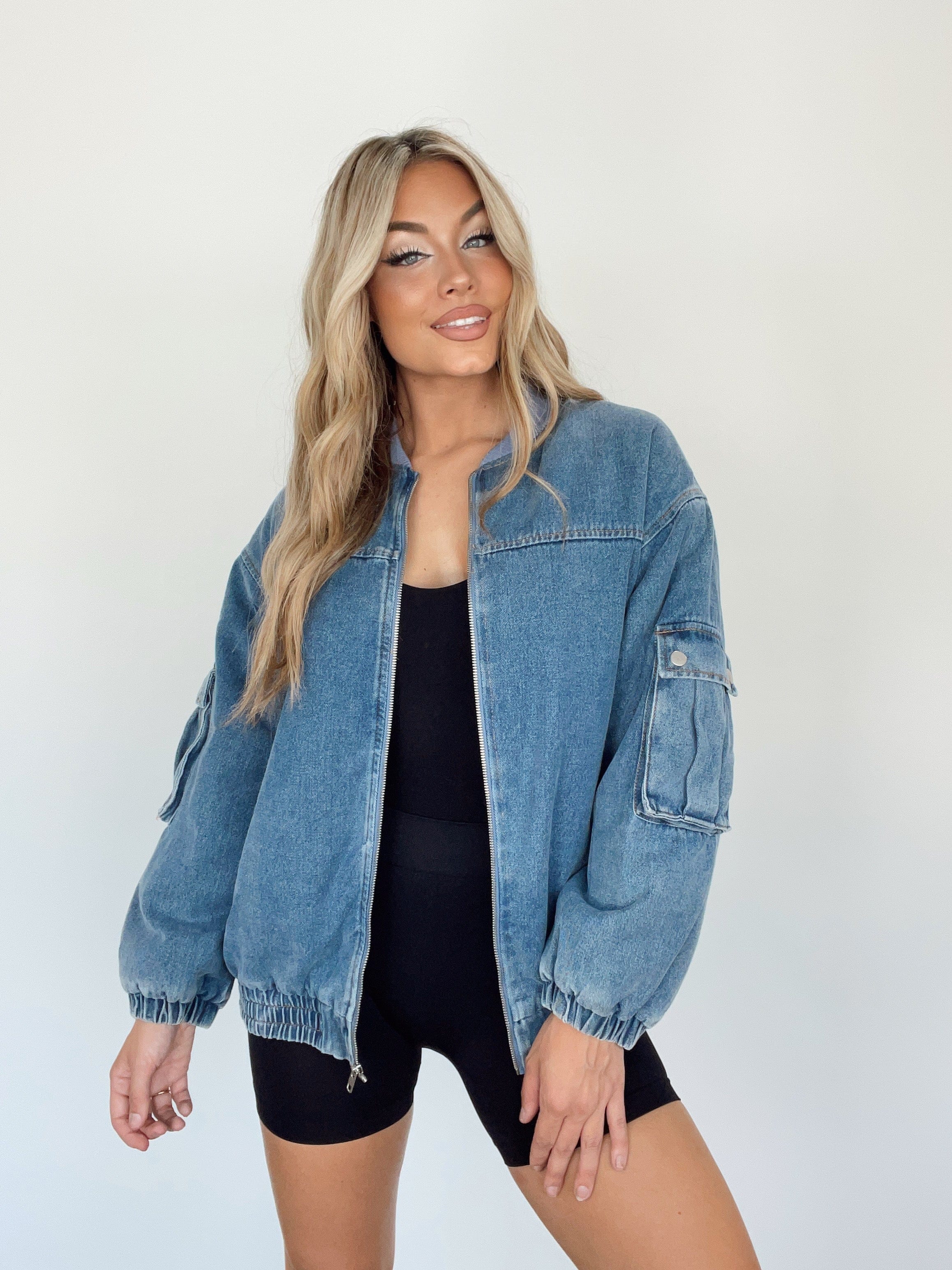 Denim shops bomber jacket