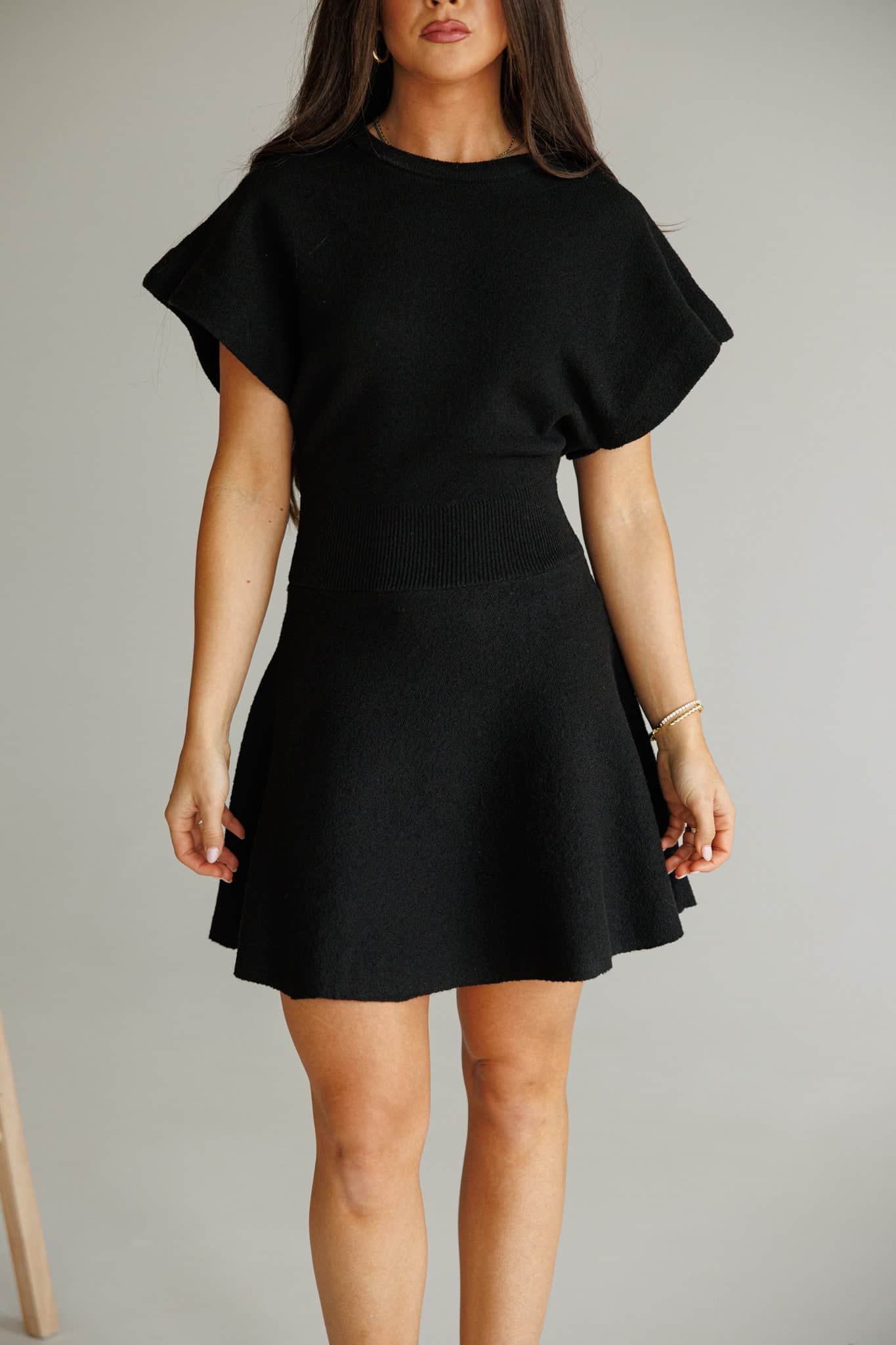最終価格♡Paneled Flared Knit Mini Dress Short Sleeve Mini Sweater Dress | Black Flared Knit Dresses | Lane 201