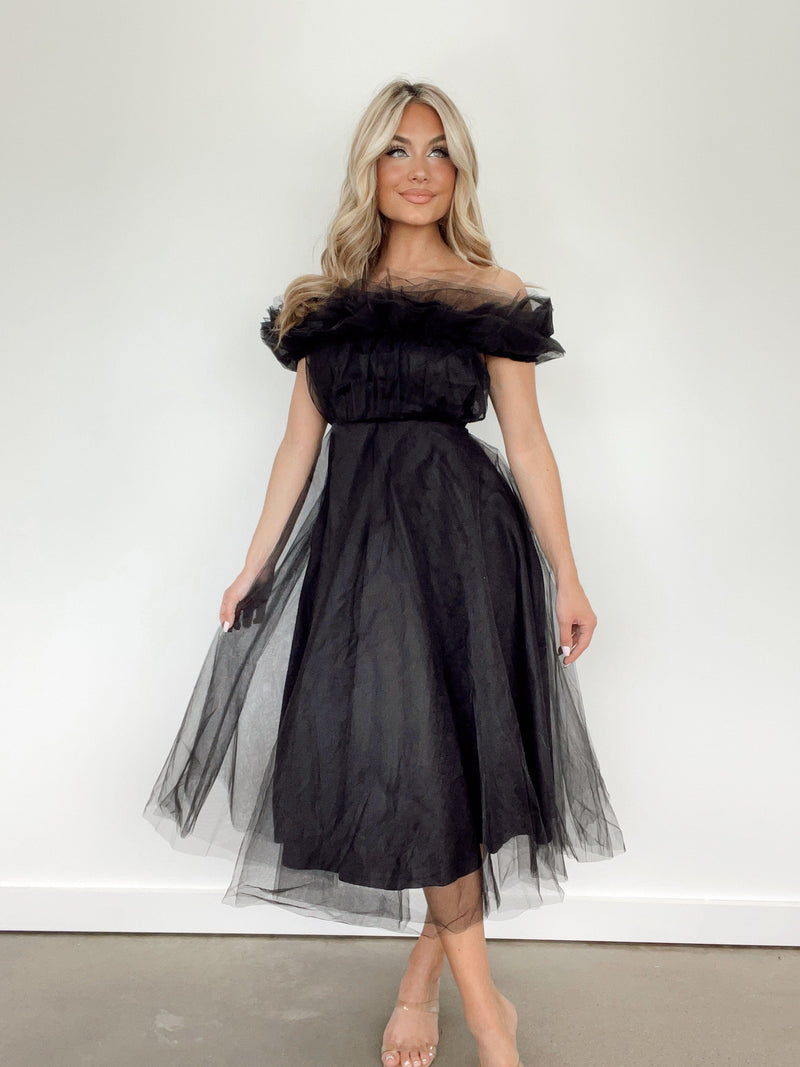 ID6793 black top ruffle mesh dress Klesis