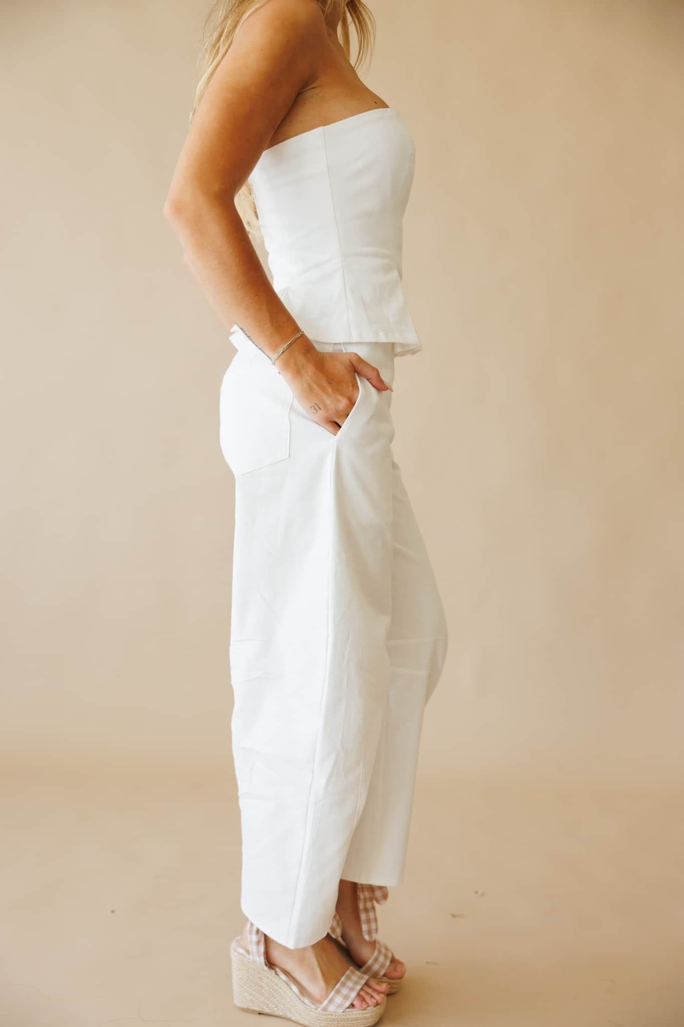 White Peplum Barrel Jumpsuit