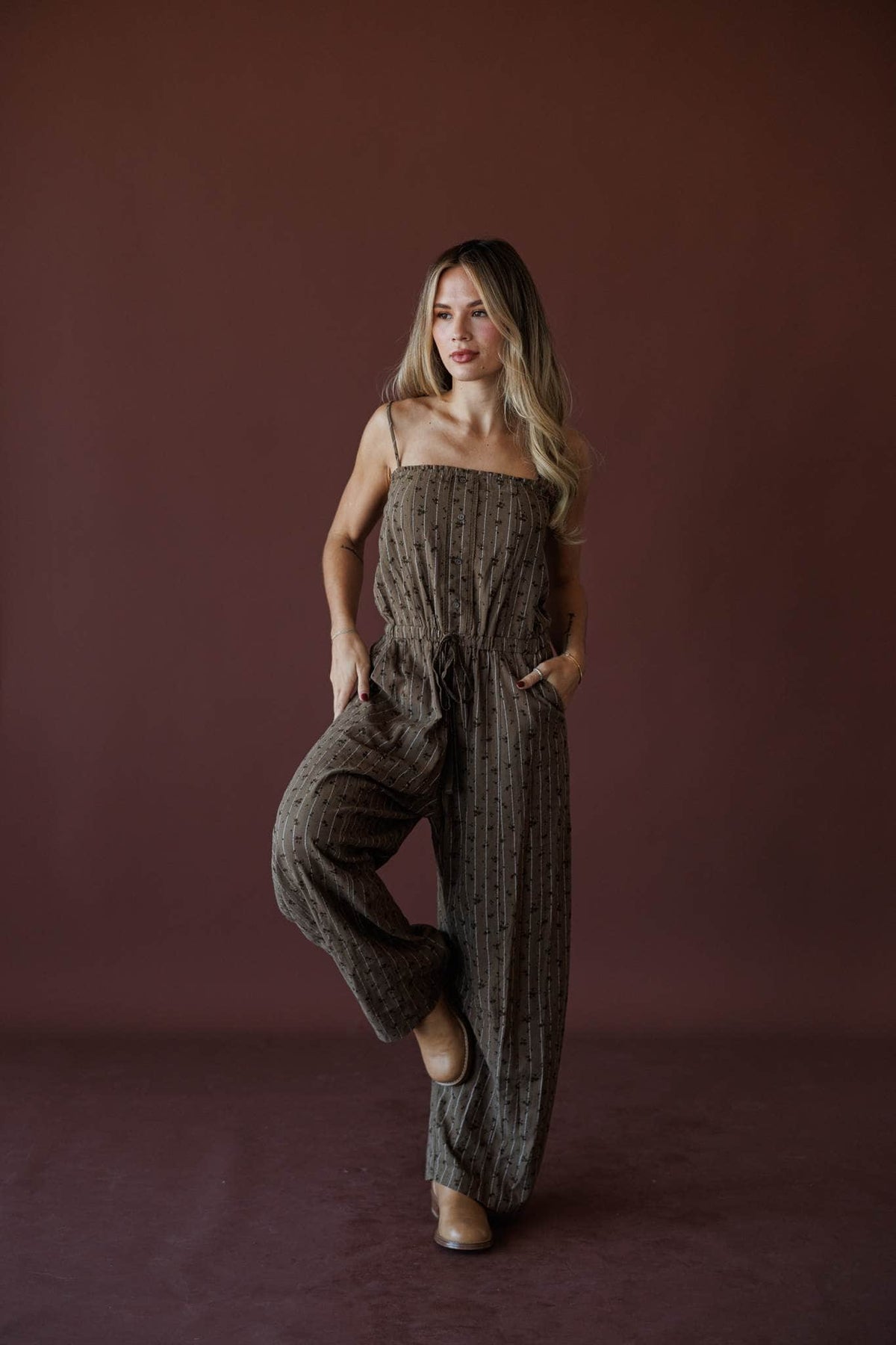 Garden Social Barrel Jumpsuit, in dark brown, back view of the barrel jumpsuit