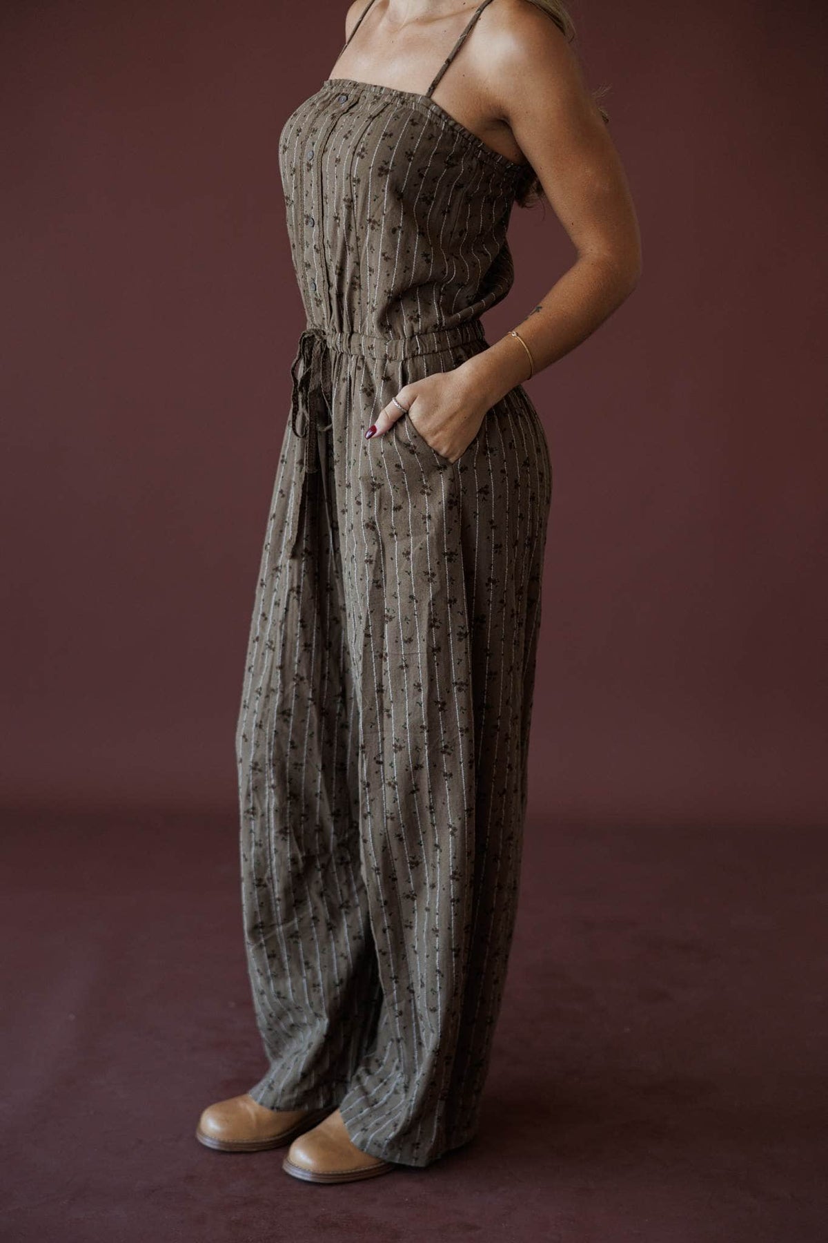 Garden Social Barrel Jumpsuit, in dark brown, front view with hands in pockets