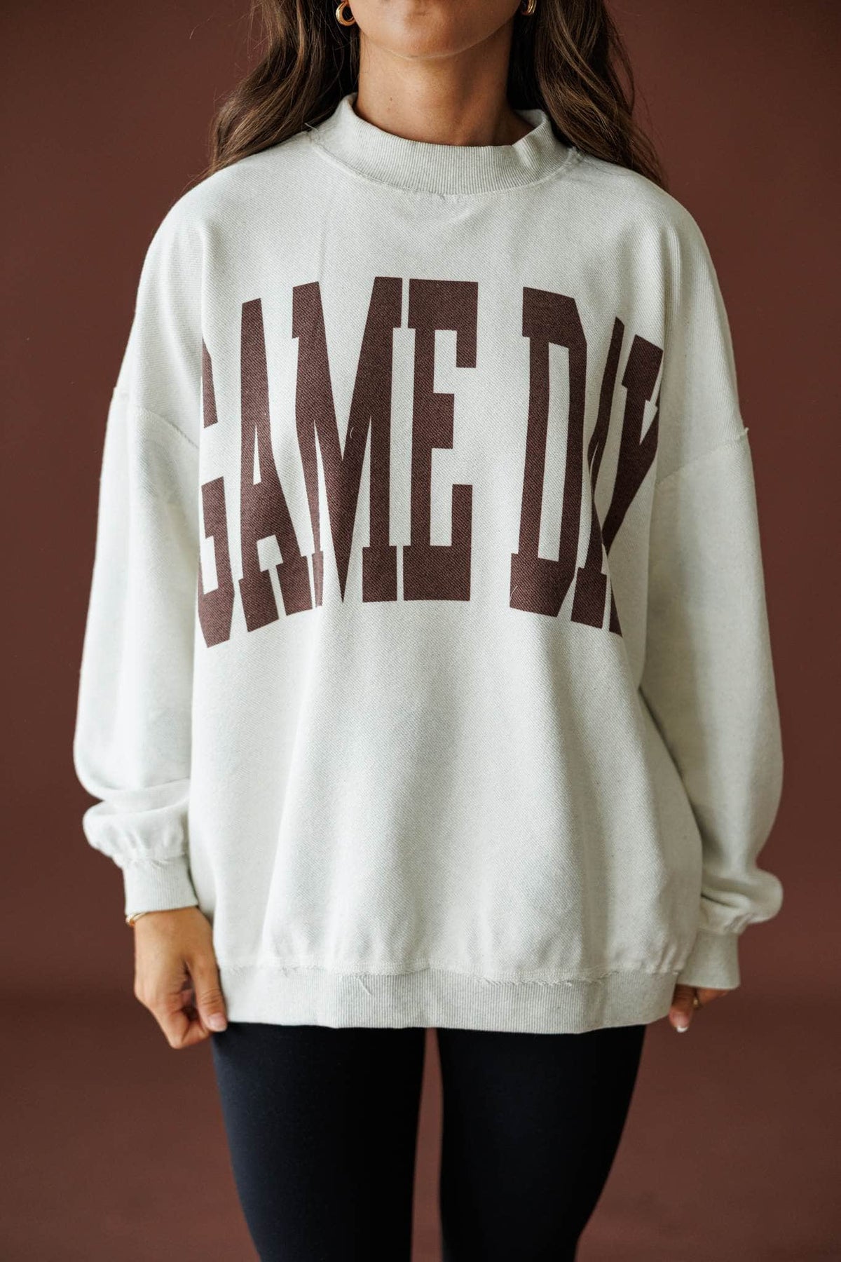 Double Down Reversible Sweatshirt in heather grey, front close-up of the arched GAME DAY lettering