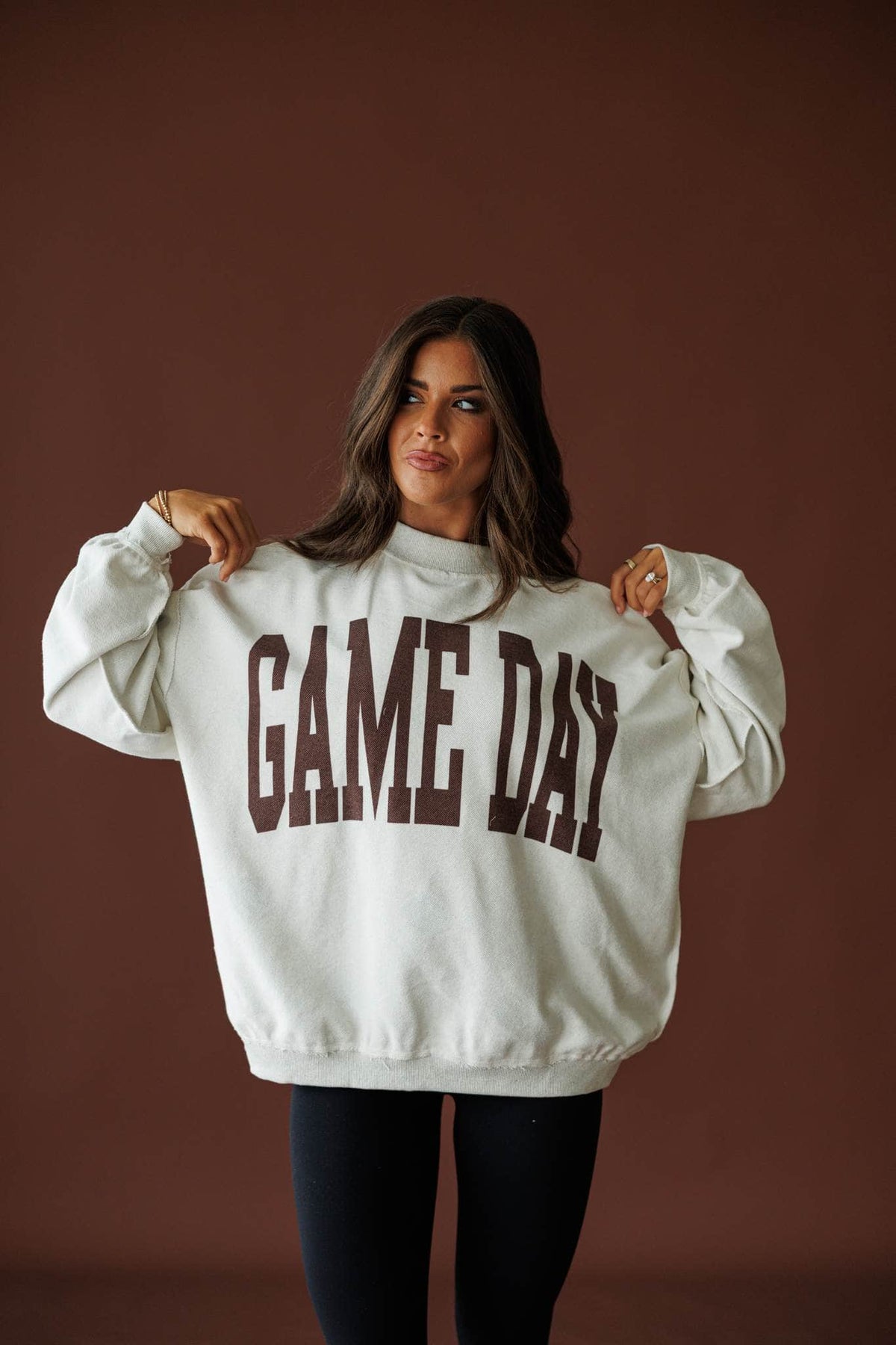 Double Down Reversible Sweatshirt in heather grey, front view of the GAME DAY graphic side
