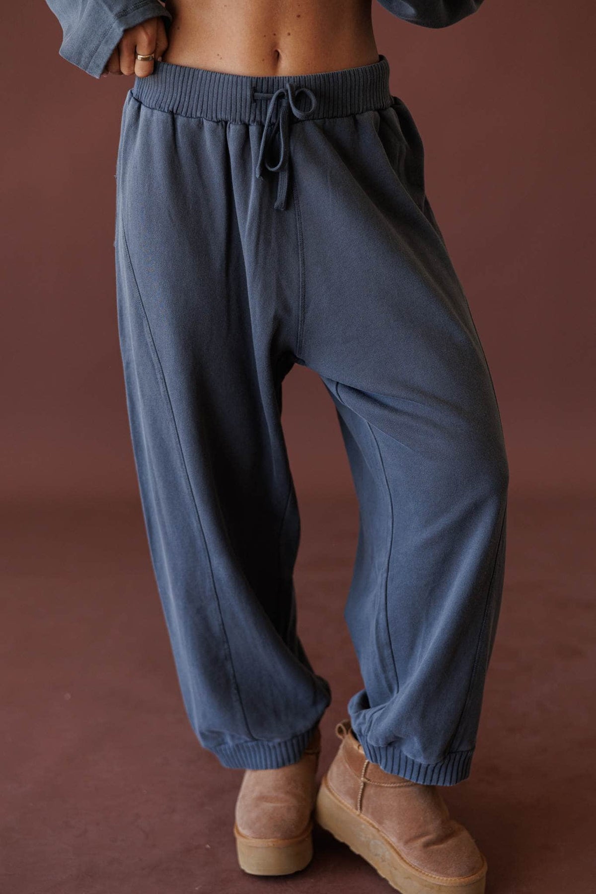 Take Five Joggers, front view of the drawstring waist and patch pockets
