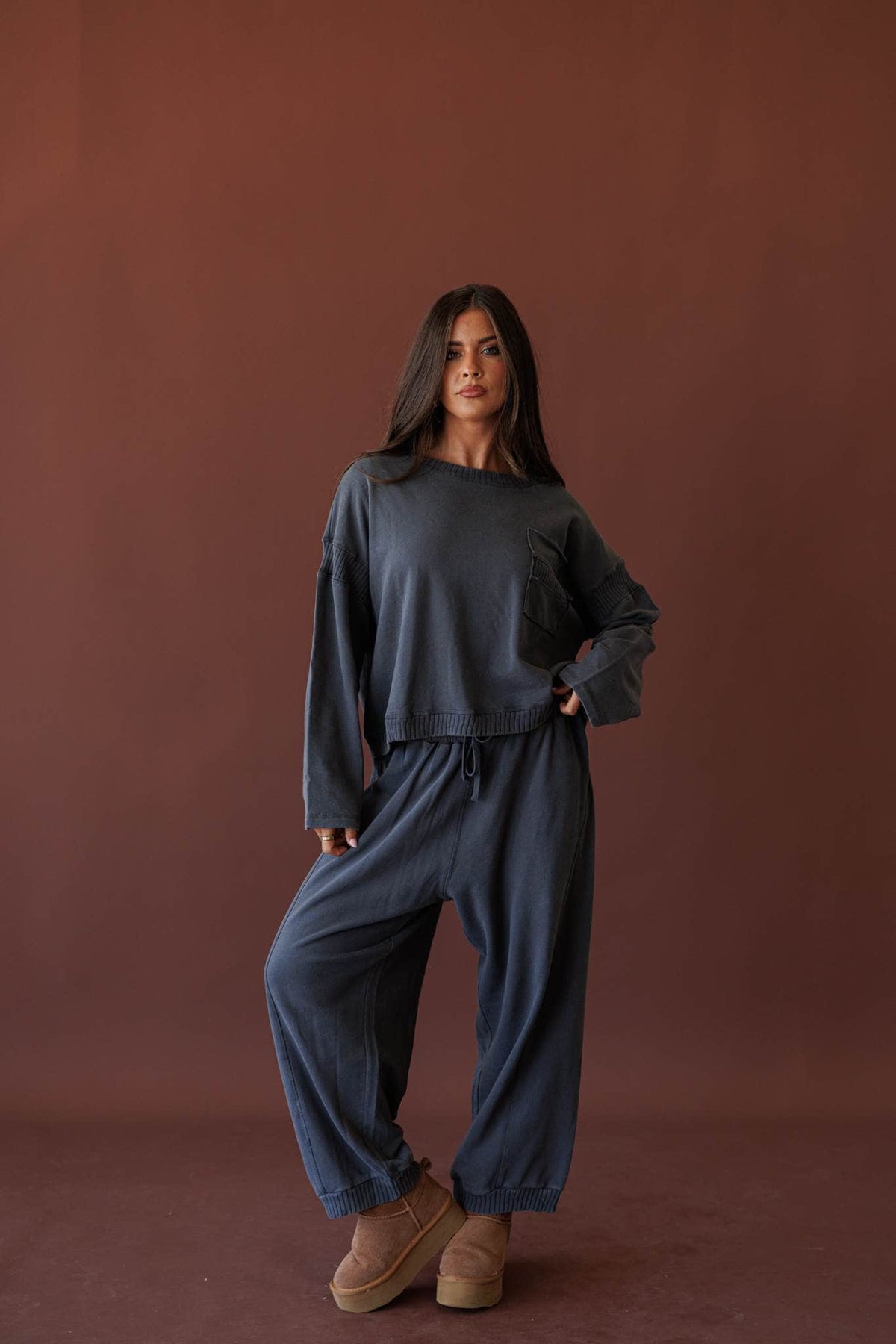 Take Five Pullover, full-length view of the fleece set