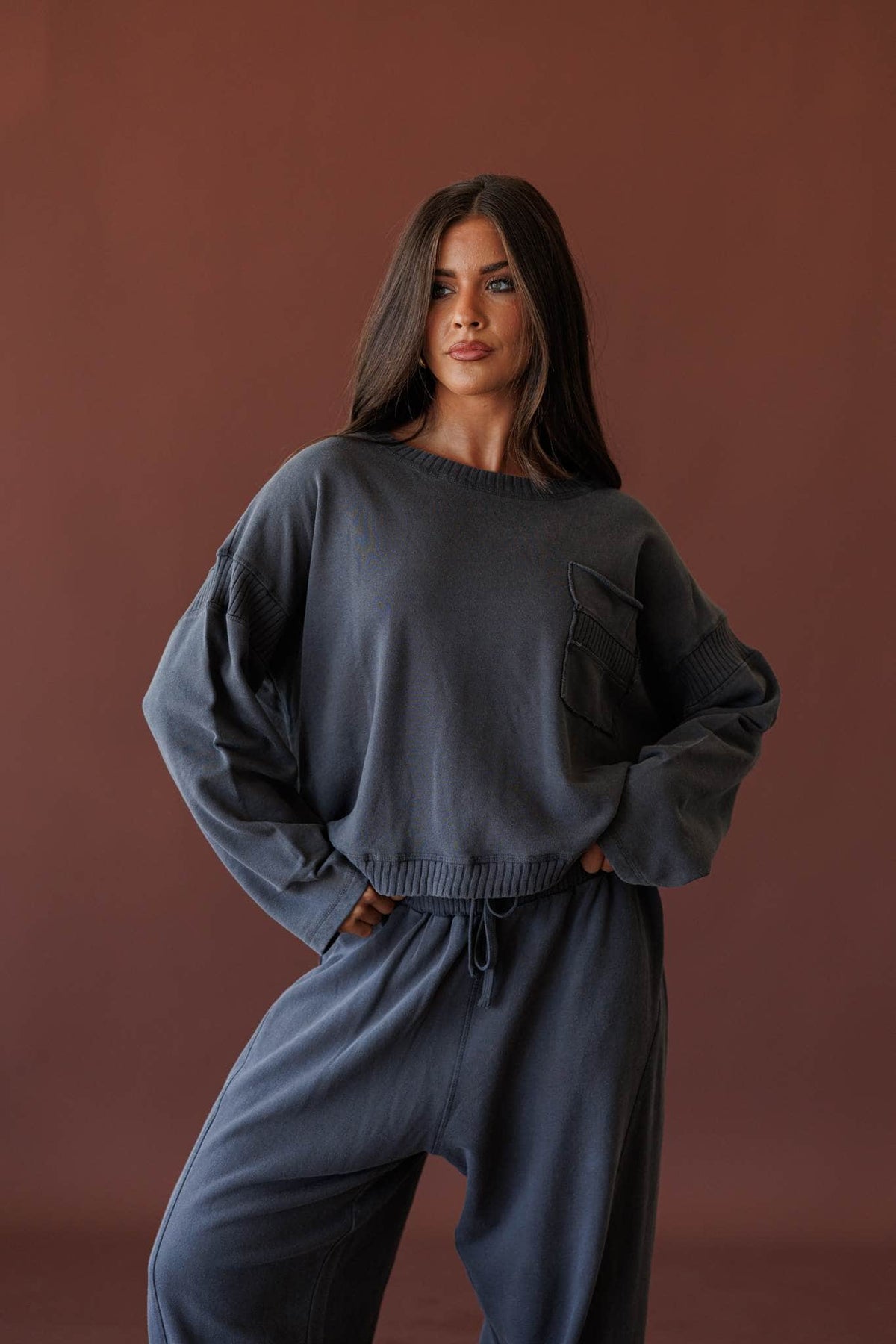 Take Five Pullover, front view with the matching joggers