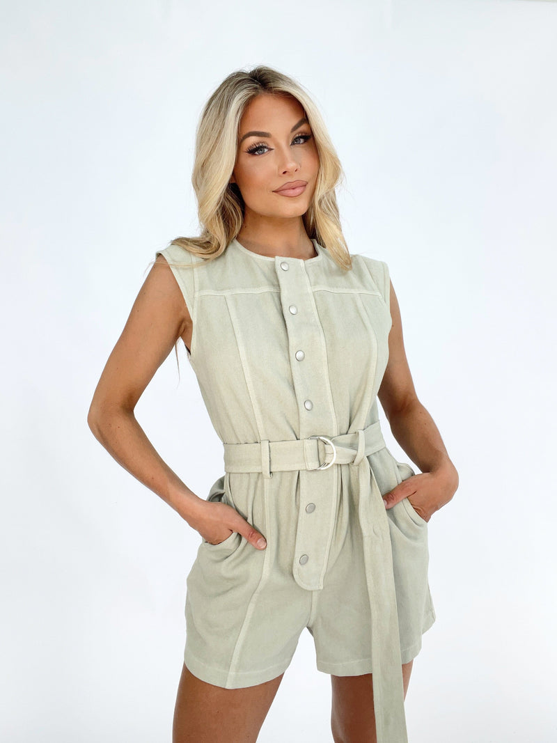 ILR3608 sleeveless button down belted romper lalavon