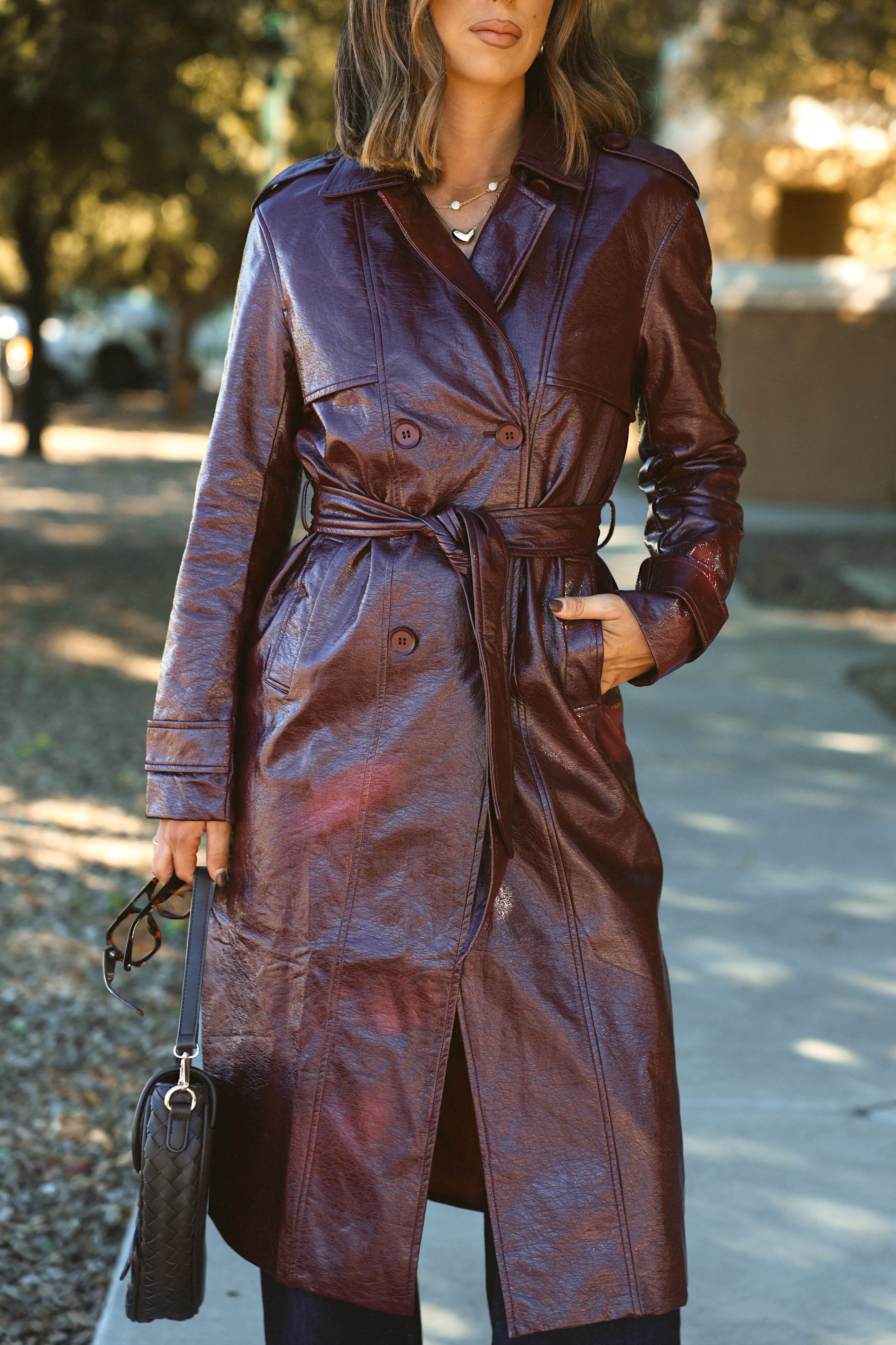 Wine Leather Trench Coat