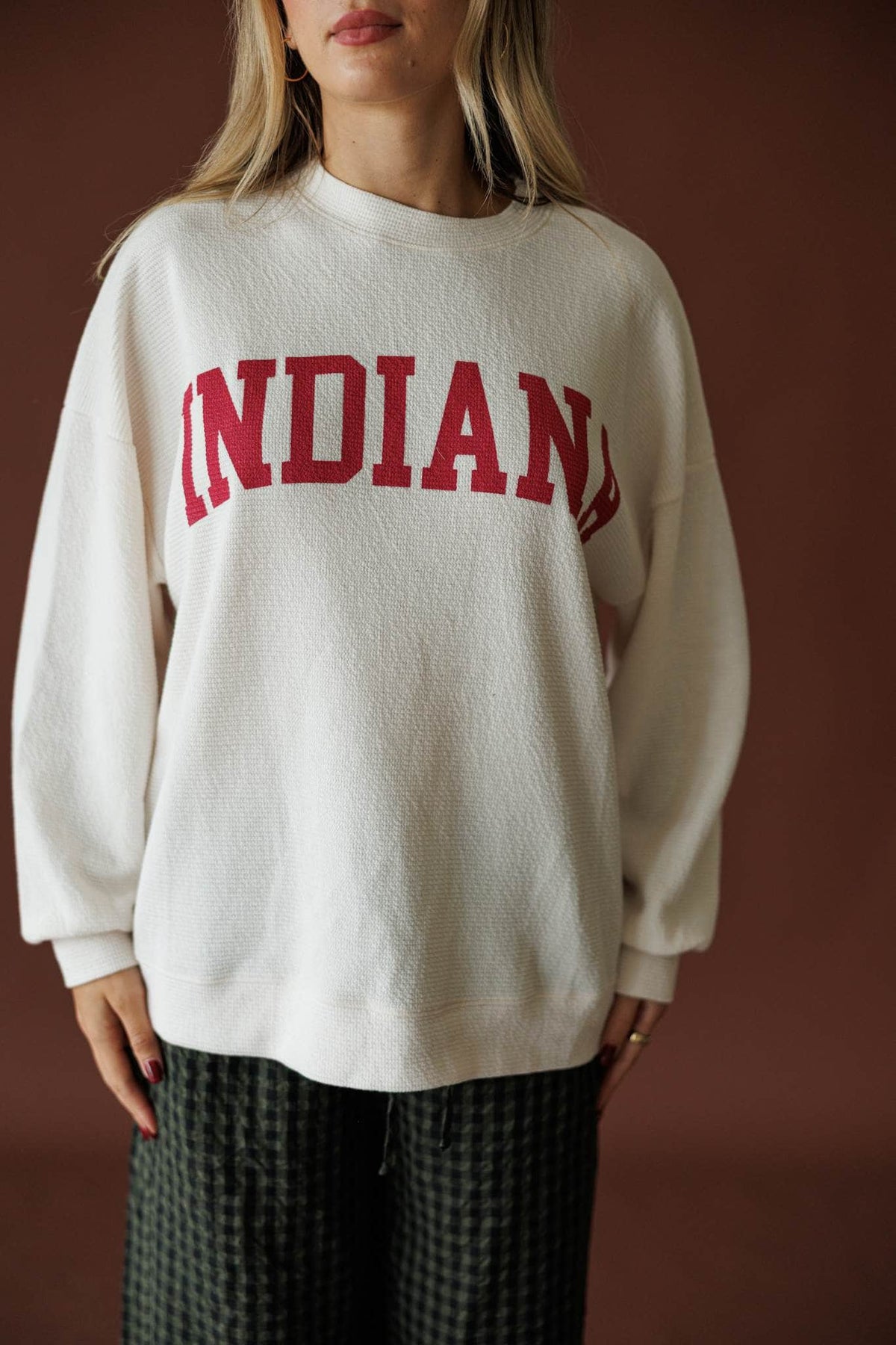 Indiana Cloud Knit Sweatshirt in ivory, front close-up of the arched INDIANA lettering