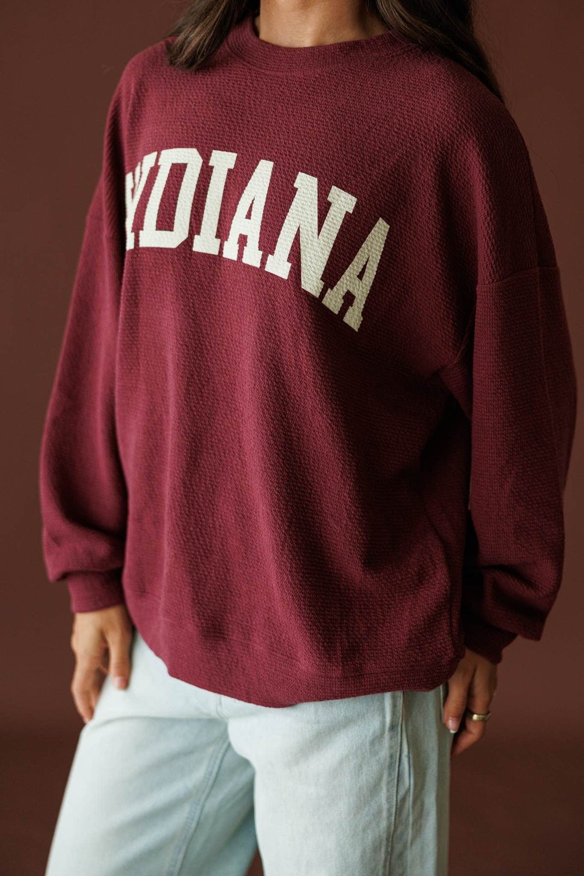 Indiana Cloud Knit Sweatshirt in wine, front view showing the oversized brushed knit
