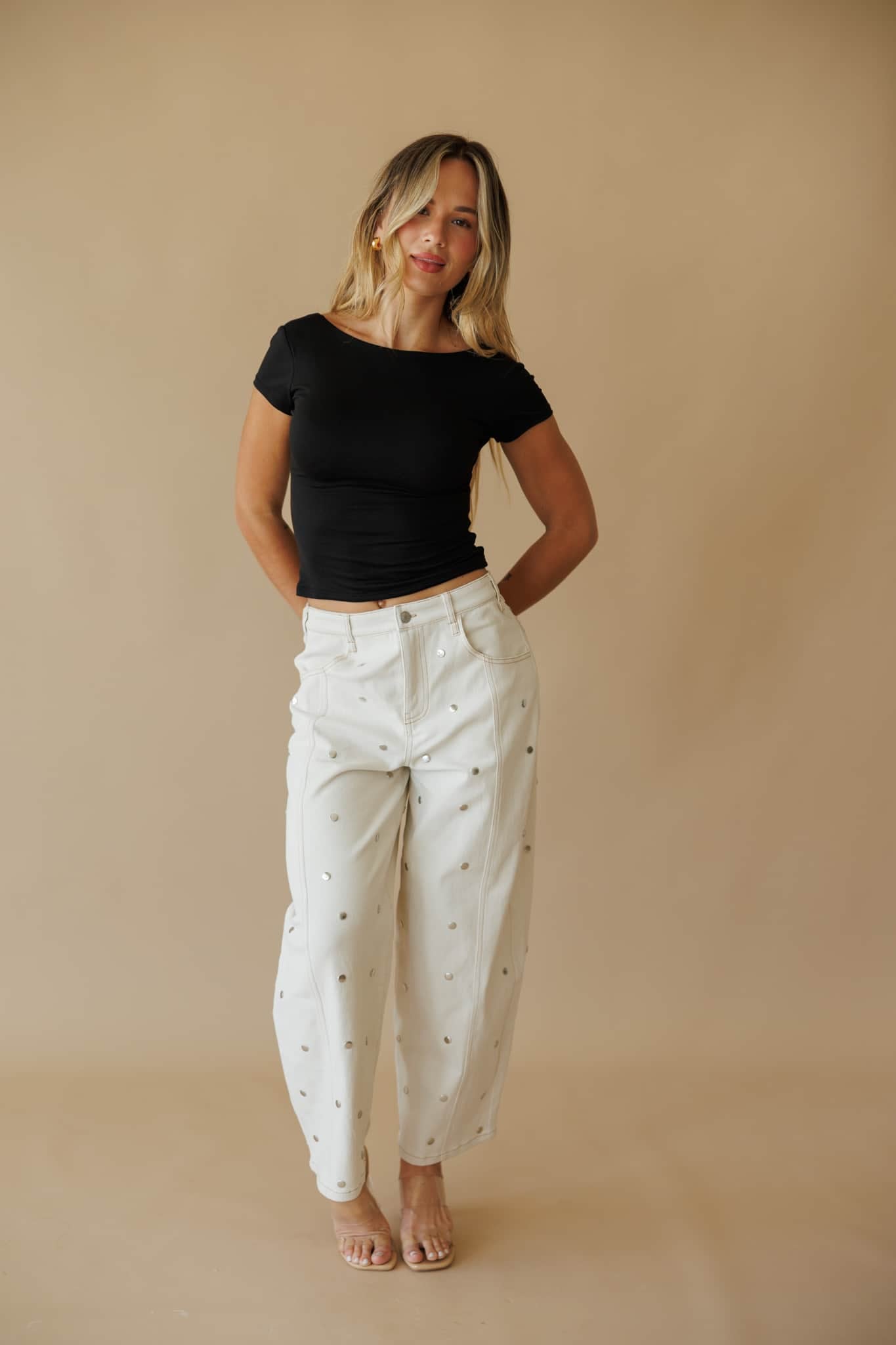 Cream Studded Barrel Jeans