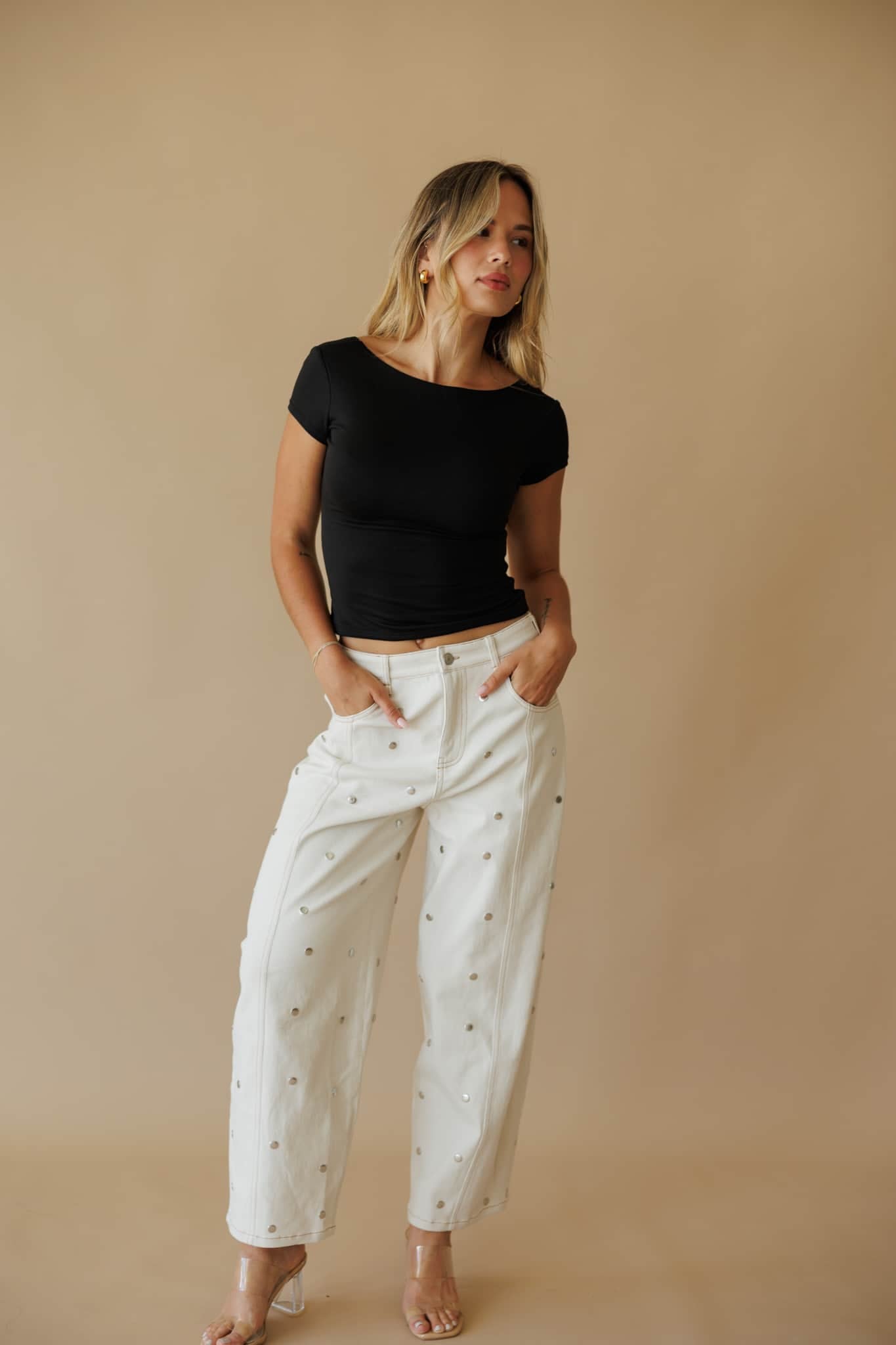 Cream Studded Barrel Jeans