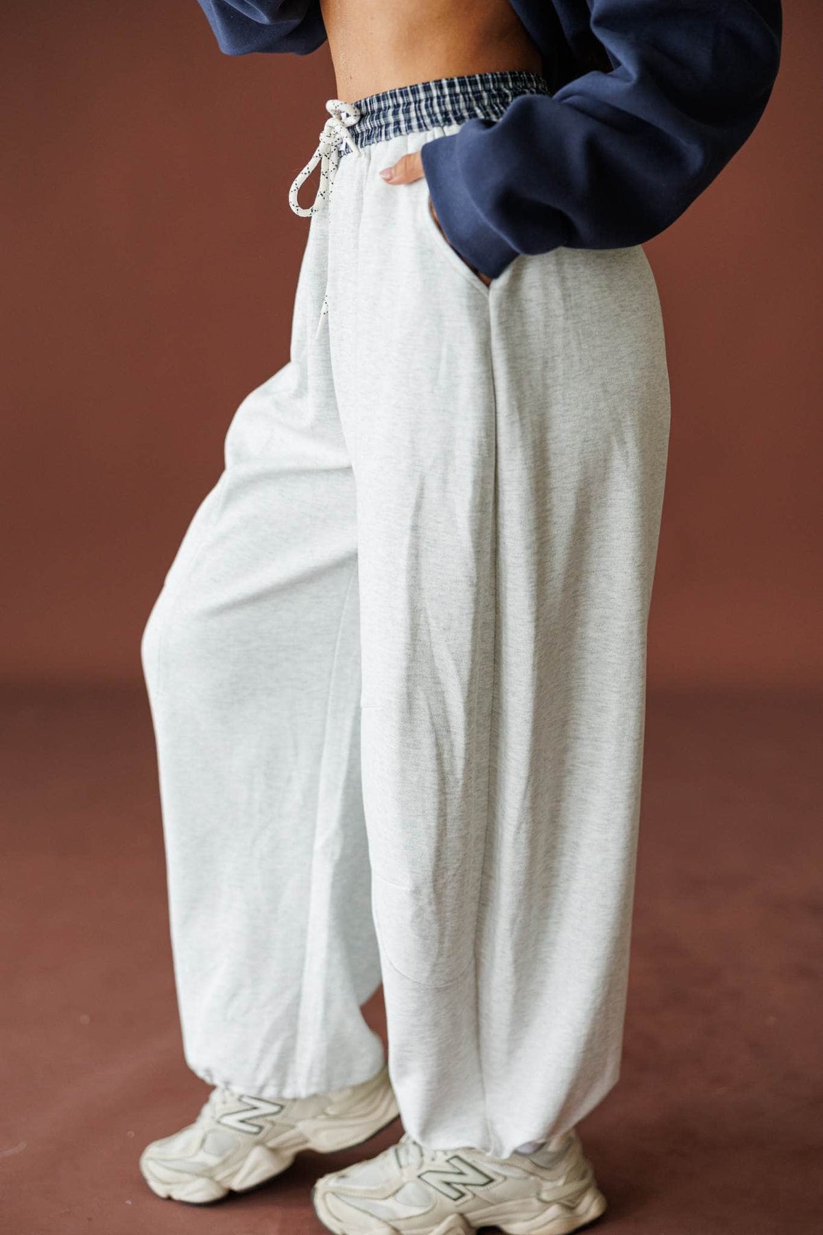 Slow Down Wide Leg Joggers in light heather grey, side view of the contrast drawcord waistband