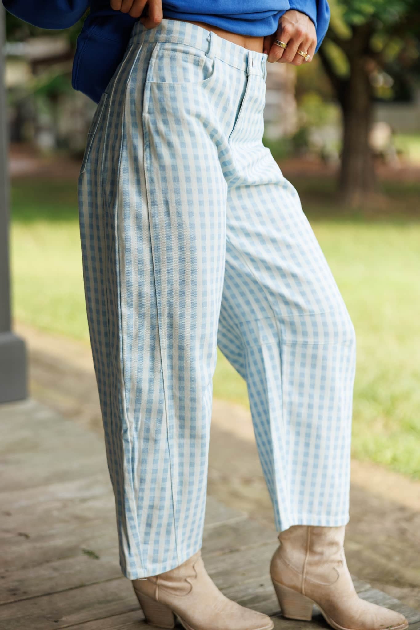 Washed Gingham Twill Barrel Pants