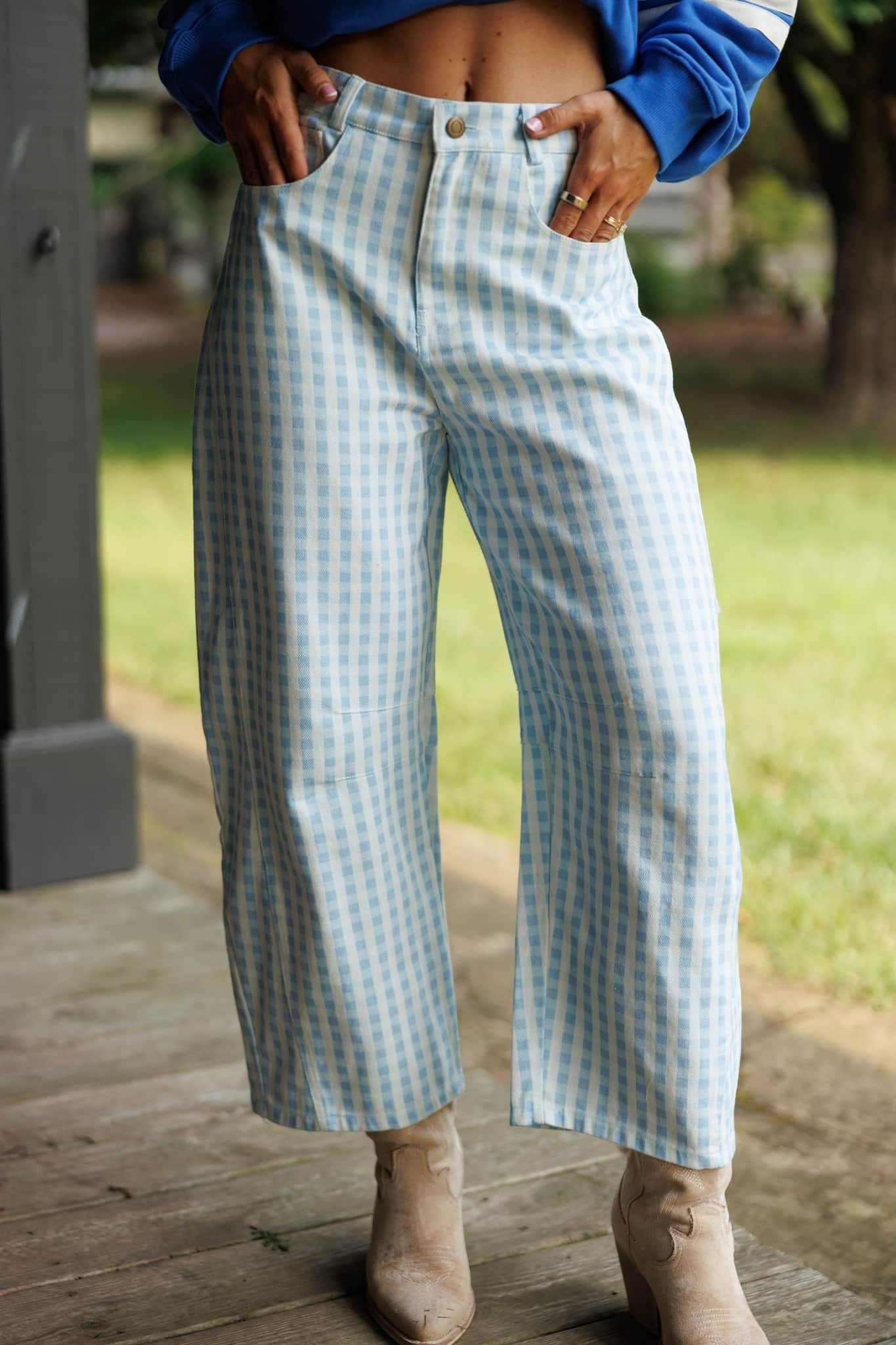 Washed Gingham Twill Barrel Pants