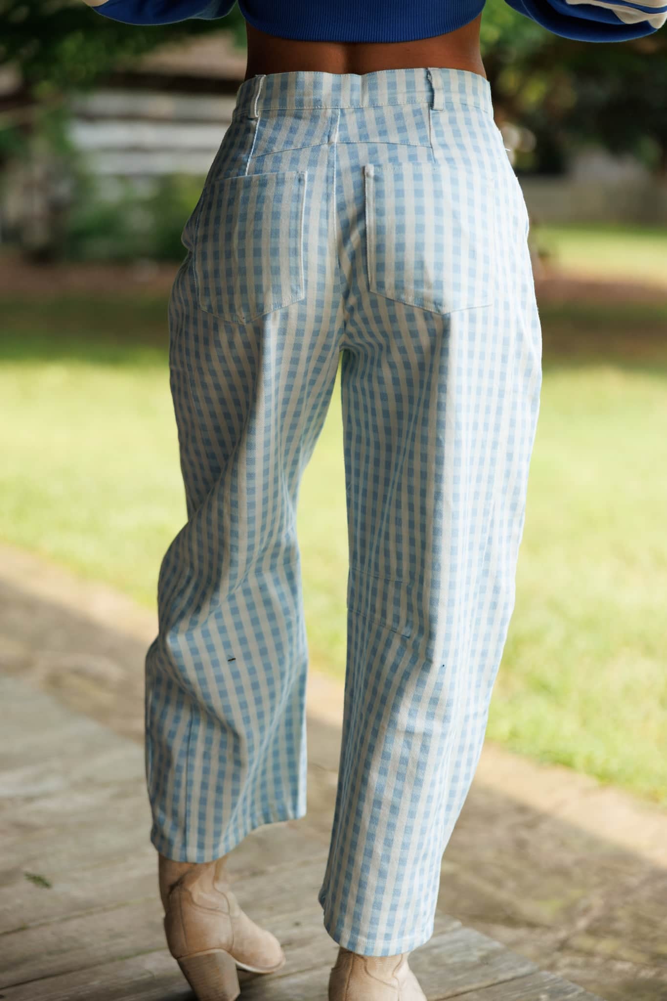 Washed Gingham Twill Barrel Pants