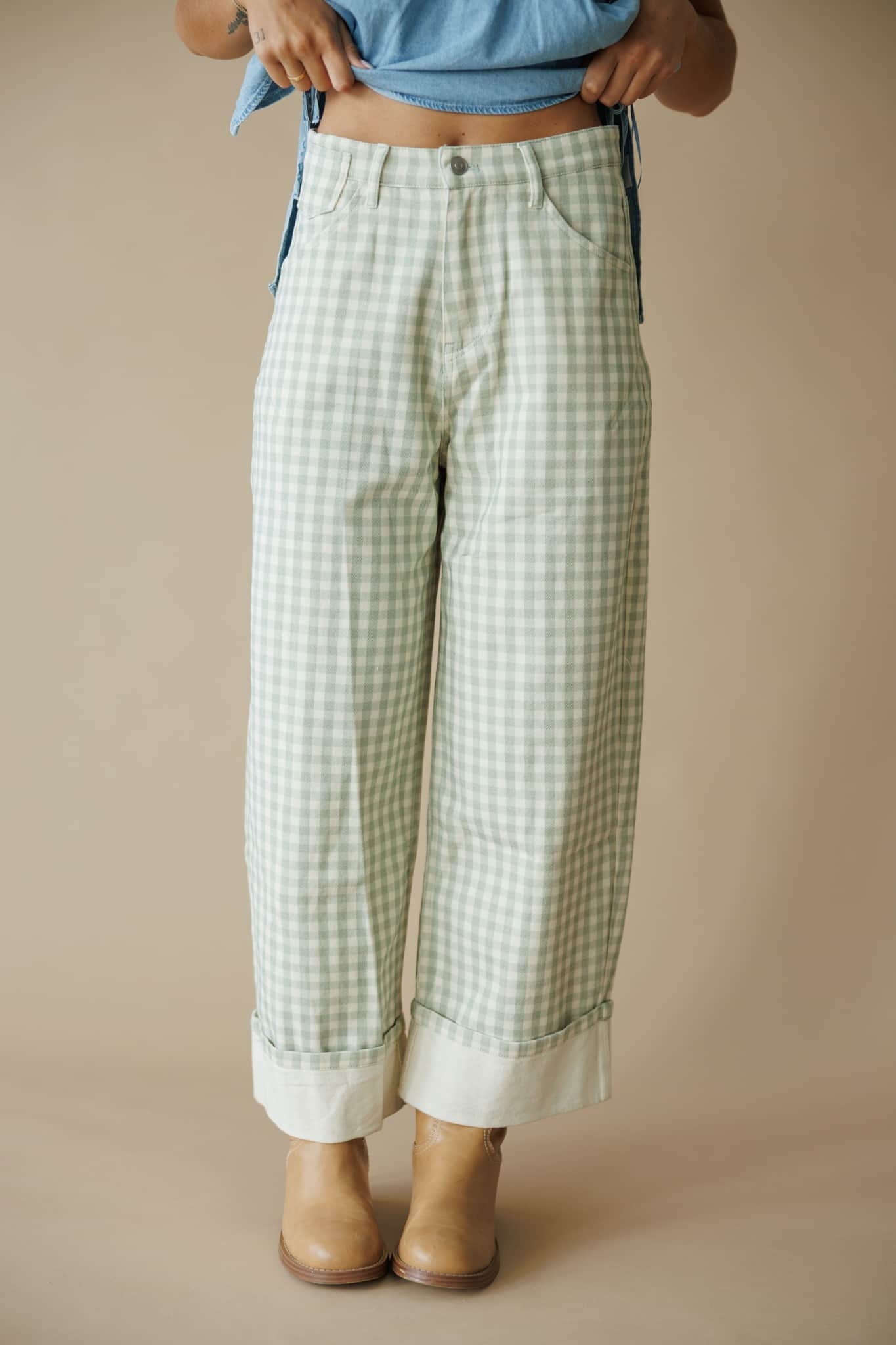 Sage Gingham Cuffed Barrel Pants