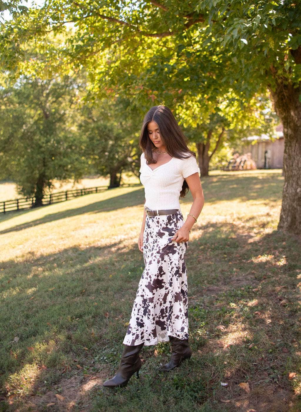 Cow Print Belted Maxi Skirt