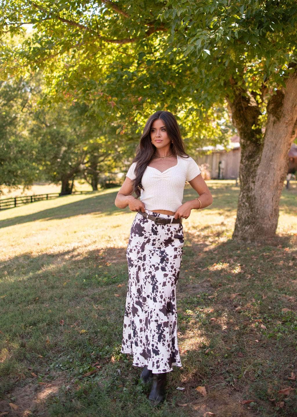 Cow Print Belted Maxi Skirt